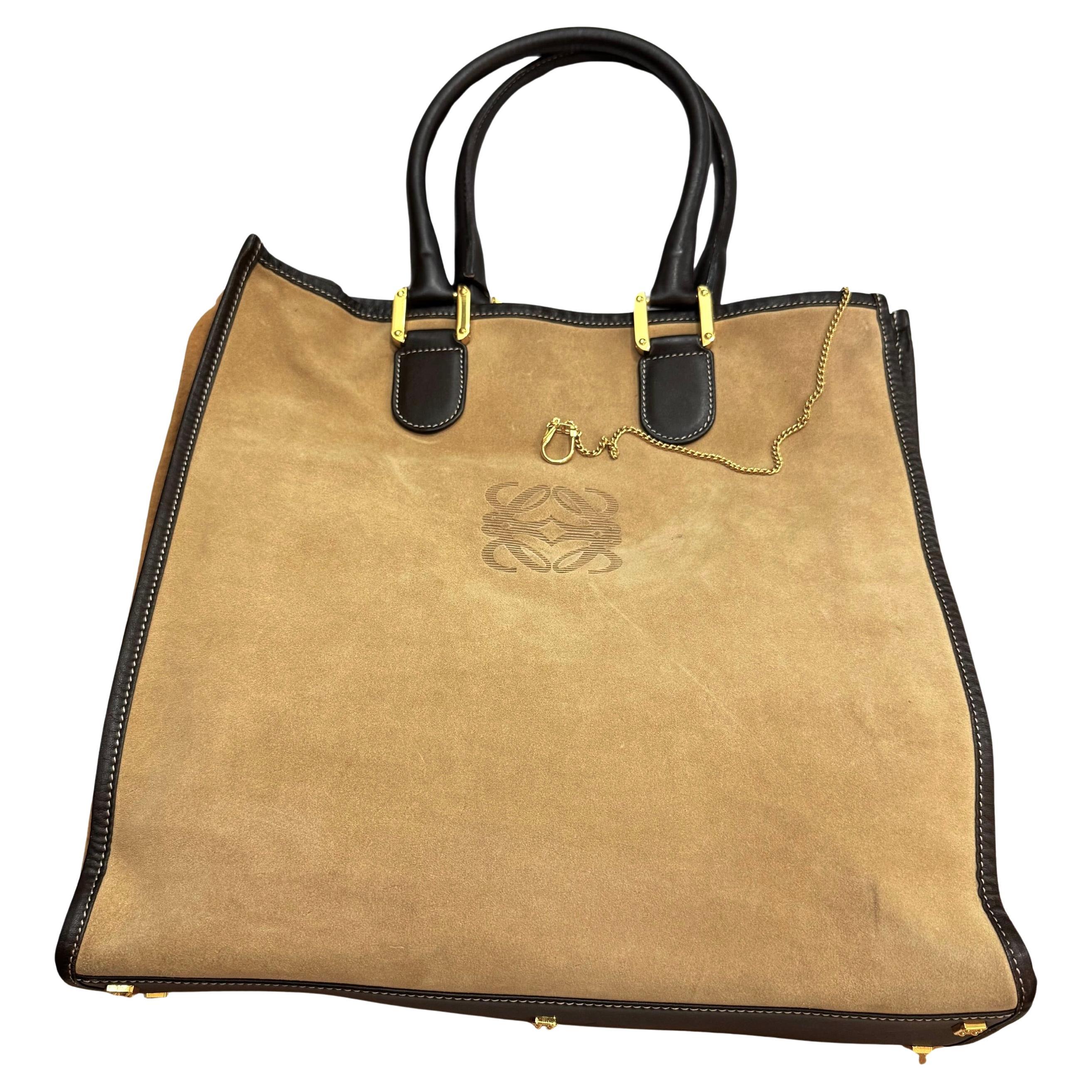 2000s Vintage LOEWE Suede Flat Tote Bag Beige Braun