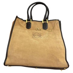 2000s Vintage LOEWE Suede Flat Tote Bag Beige Braun