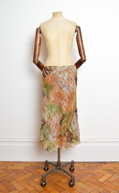 2000’s Vintage Low-Rise Silk Newspaper Print Khaki Italian Silk Floaty Skirt