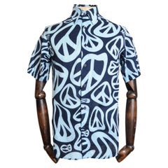 2000's Vintage MOSCHINO Blue Cotton Peace Symbol Short Sleeve Ibiza Shirt