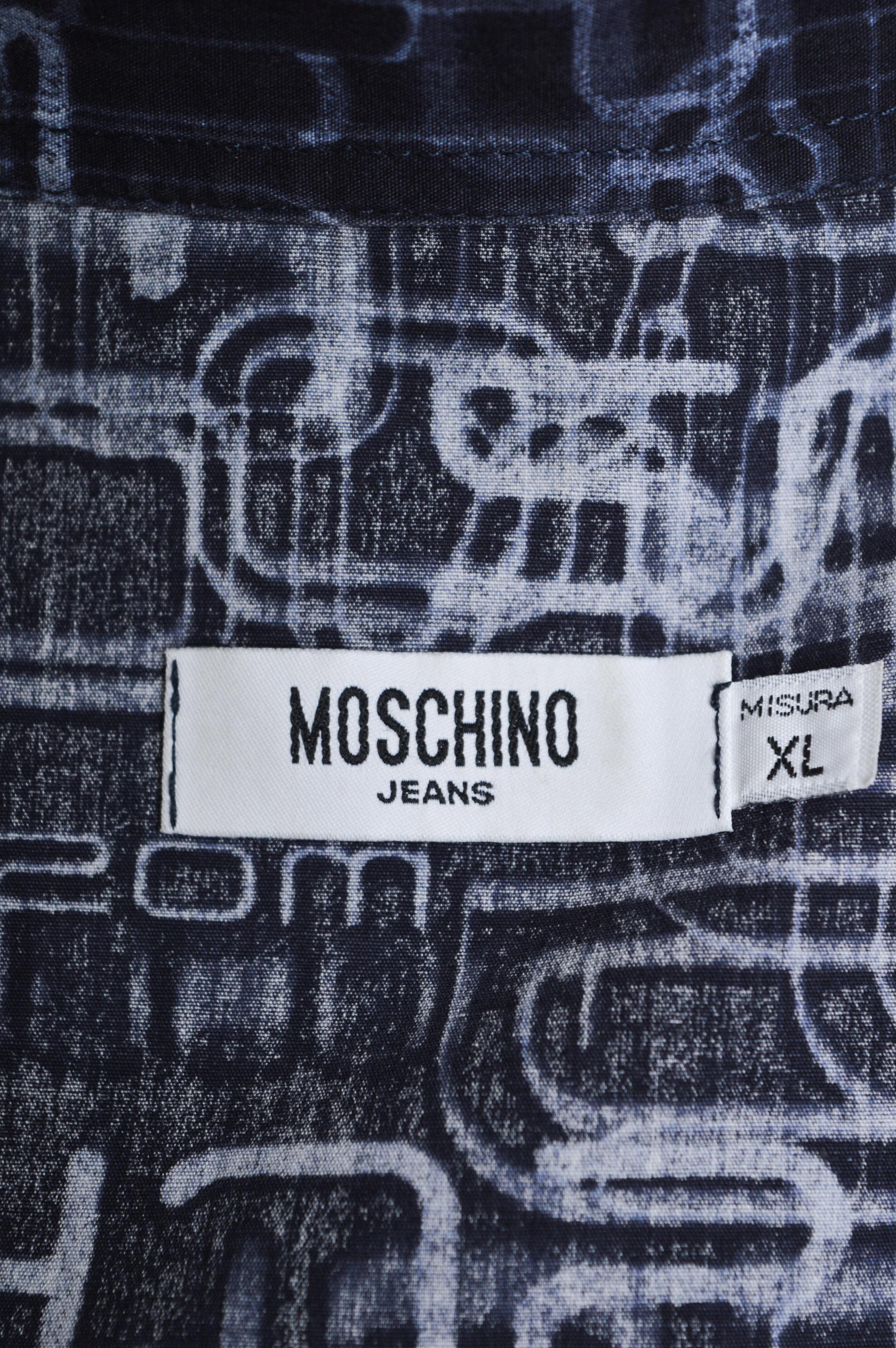 2000's Vintage MOSCHINO Off Key UK Garage Rave print Navy Blue Long Sleeve Shirt For Sale 1