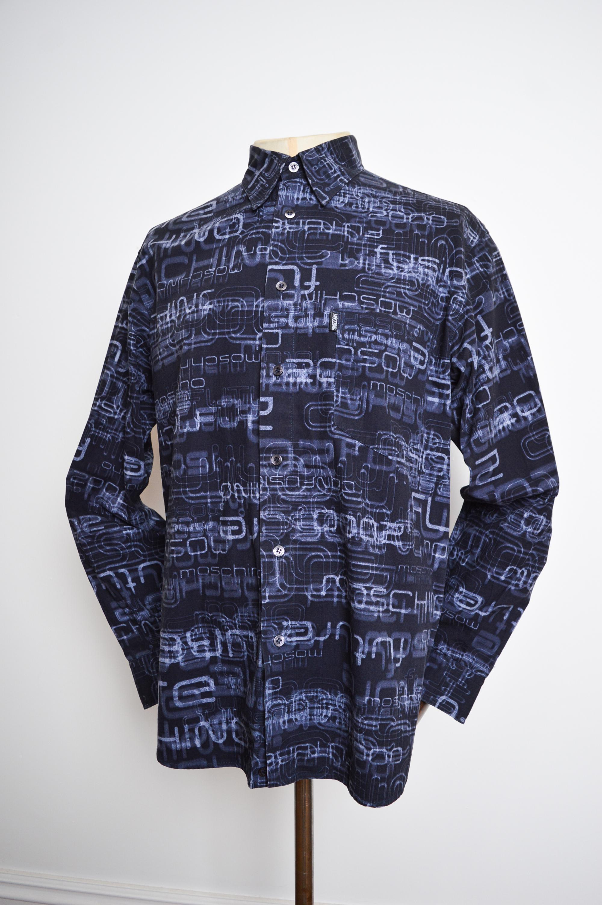 2000's Vintage MOSCHINO Off Key UK Garage Rave print Navy Blue Long Sleeve Shirt For Sale 2