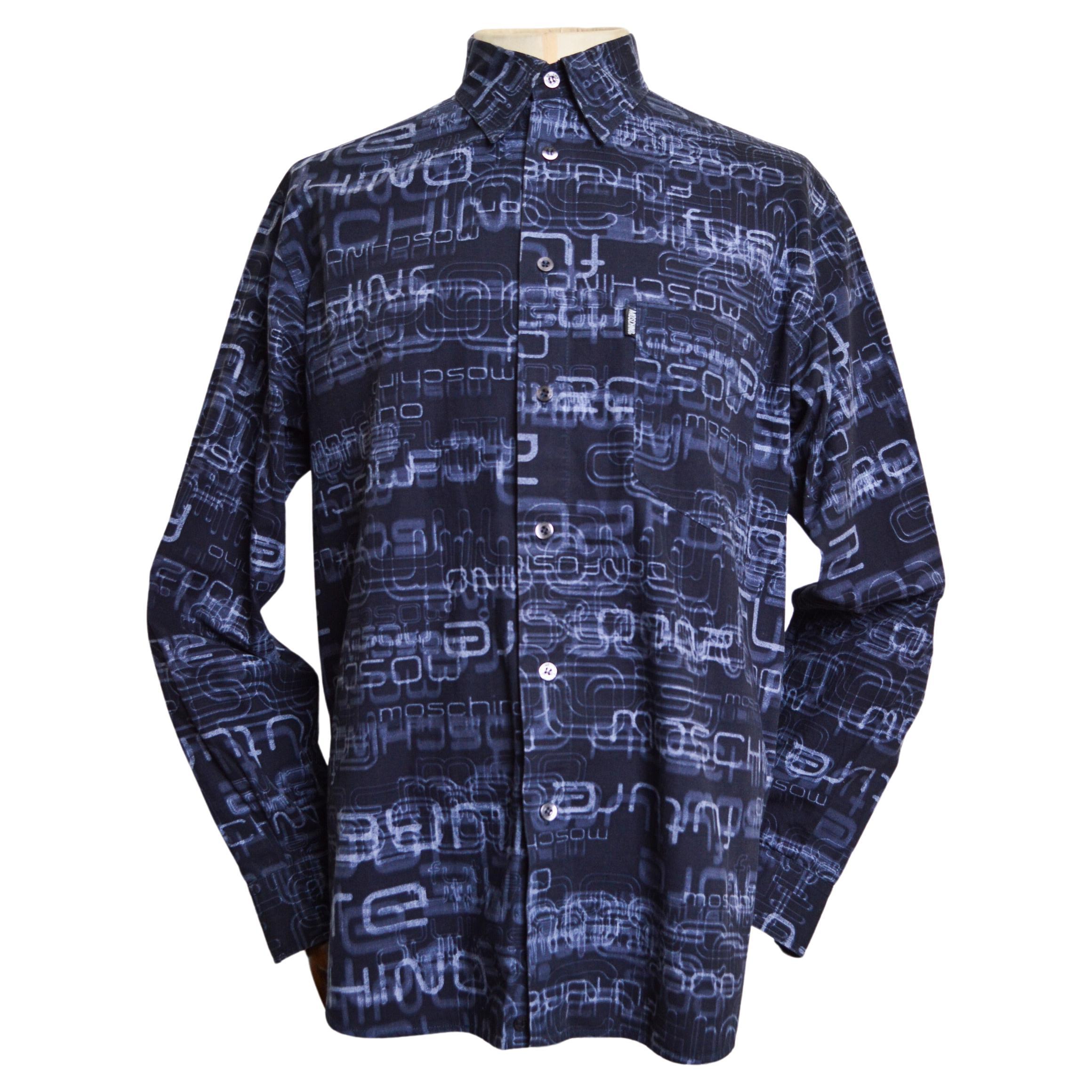 2000's Vintage MOSCHINO Off Key UK Garage Rave print Navy Blue Long Sleeve Shirt For Sale