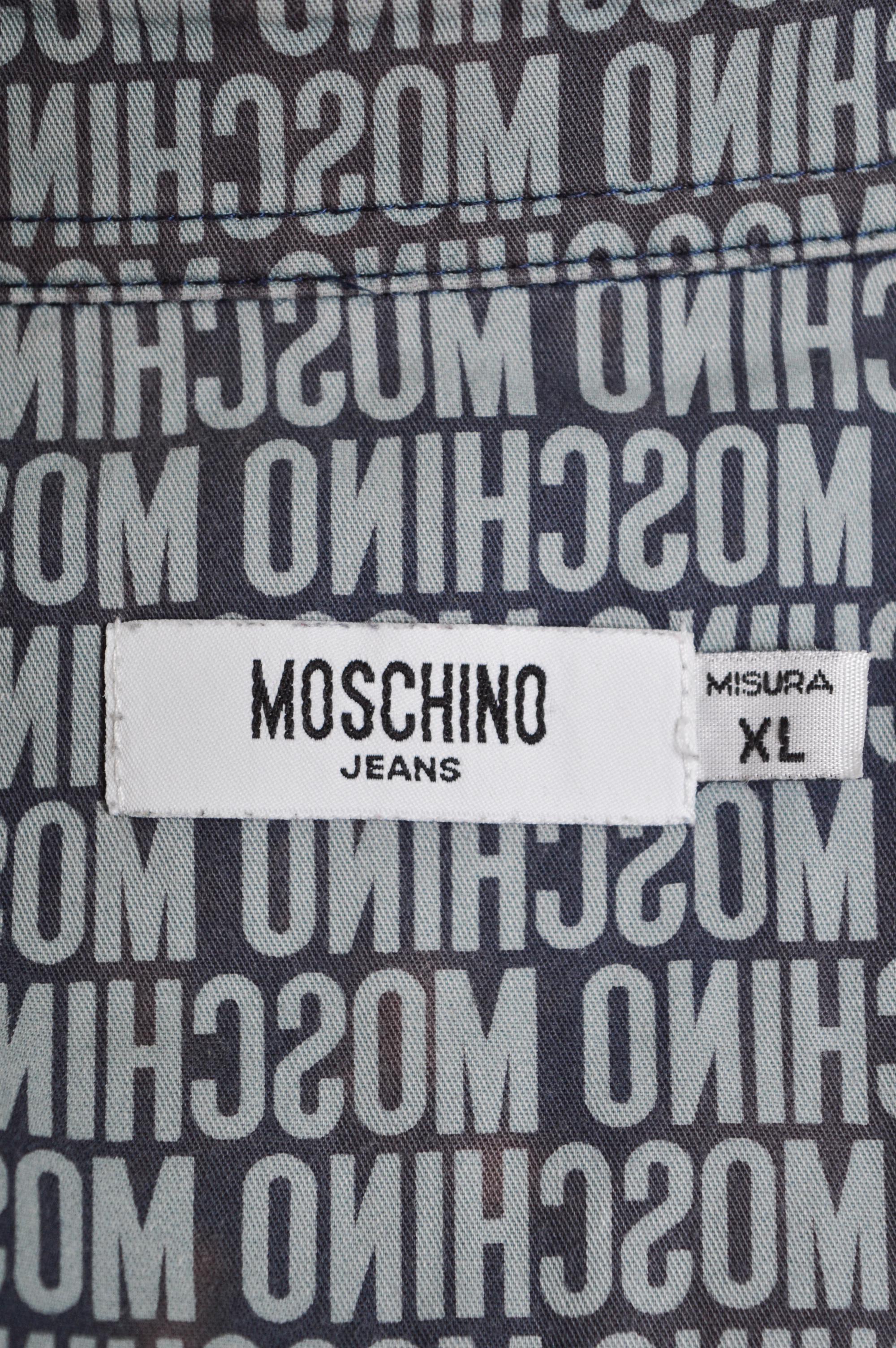 2000's Vintage MOSCHINO Pale Blue repeat Logo print long sleeve pattern Shirt For Sale 8
