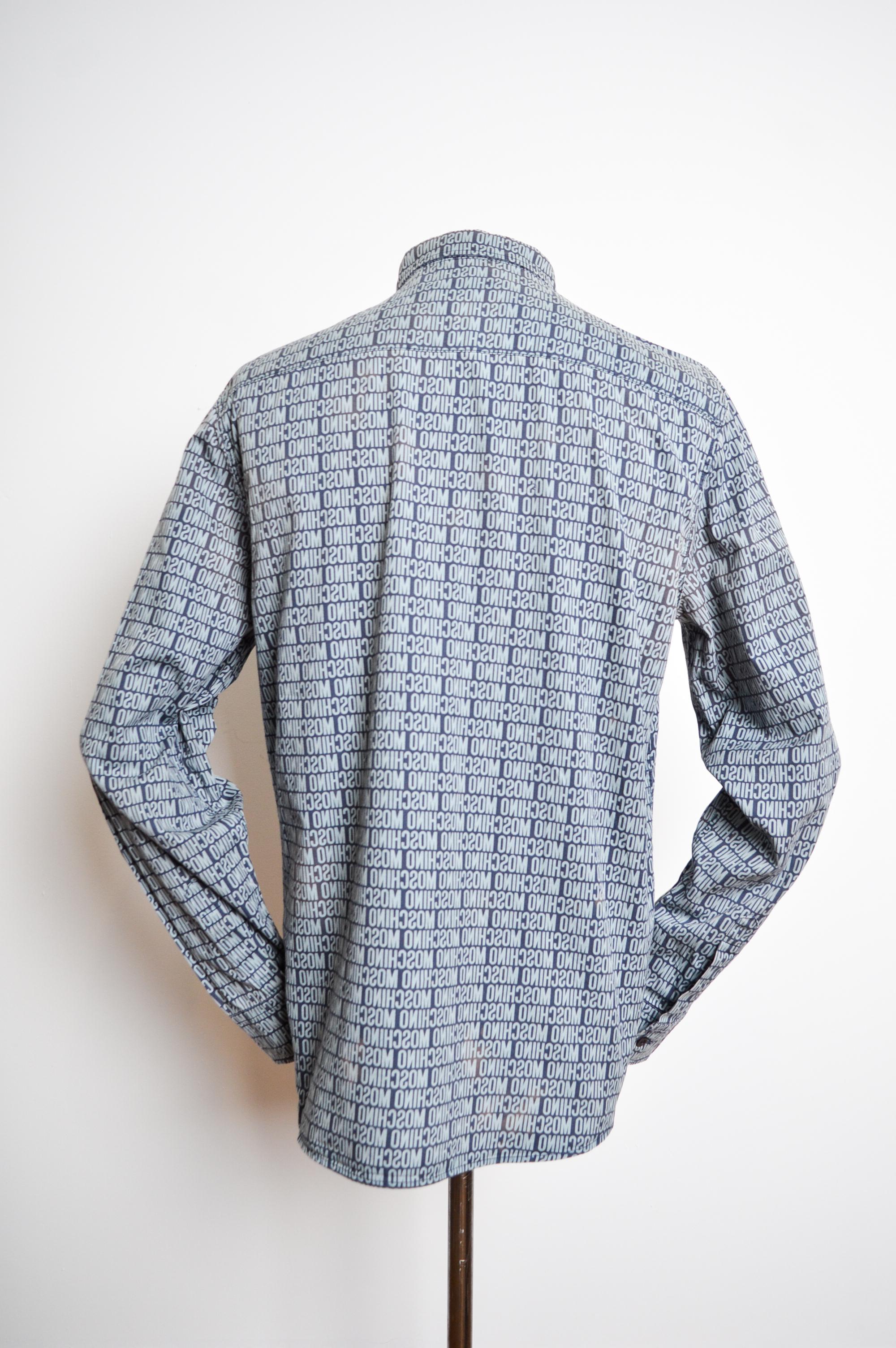 2000's Vintage MOSCHINO Pale Blue repeat Logo print long sleeve pattern Shirt For Sale 4