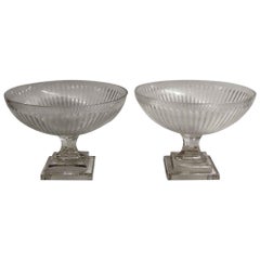 2000s Vintage Pair of Fluted Clear Crystal Bowls with Two-Tier Square Base