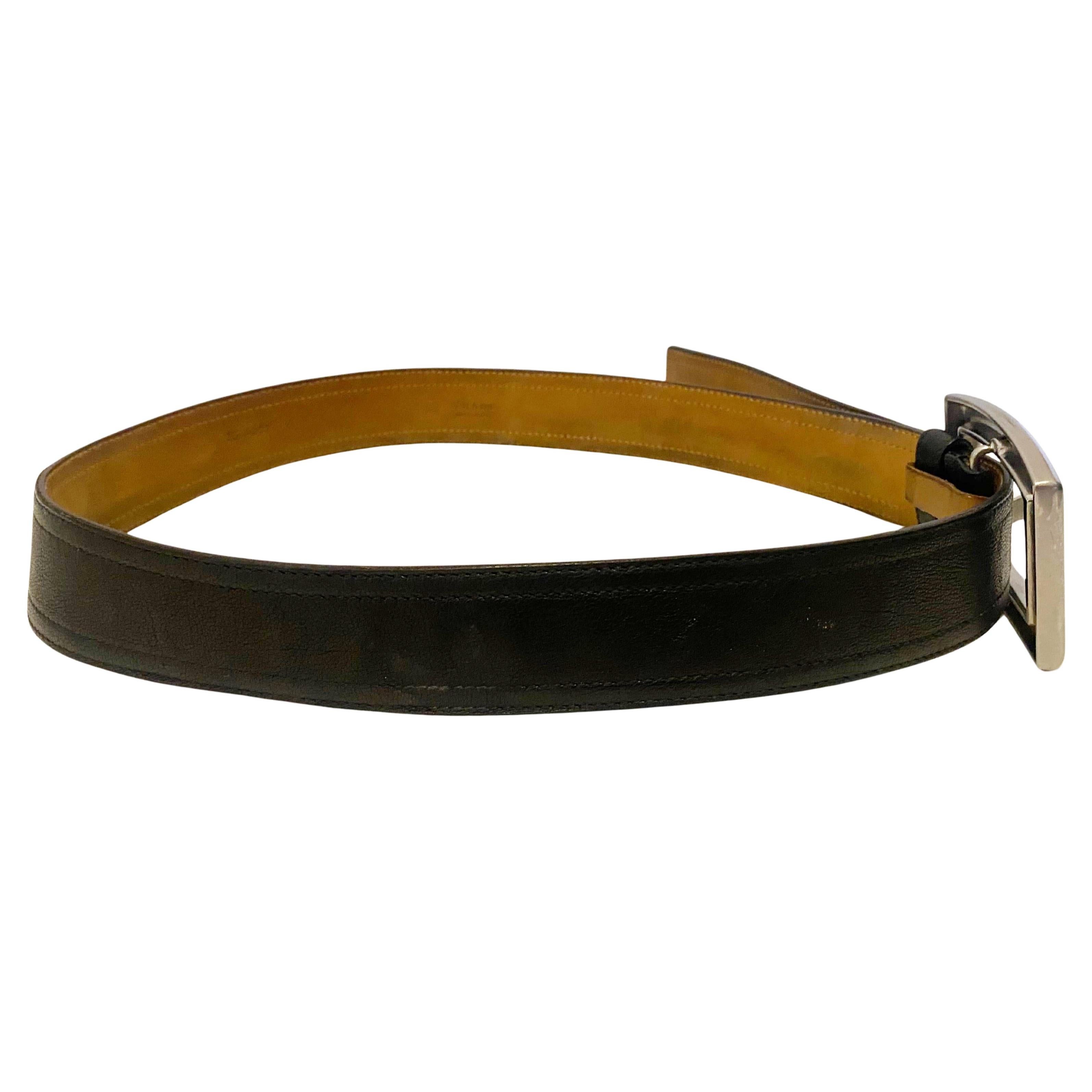 Noir 2000s Vintage Prada Leather Black Silver Buckle Belt en vente