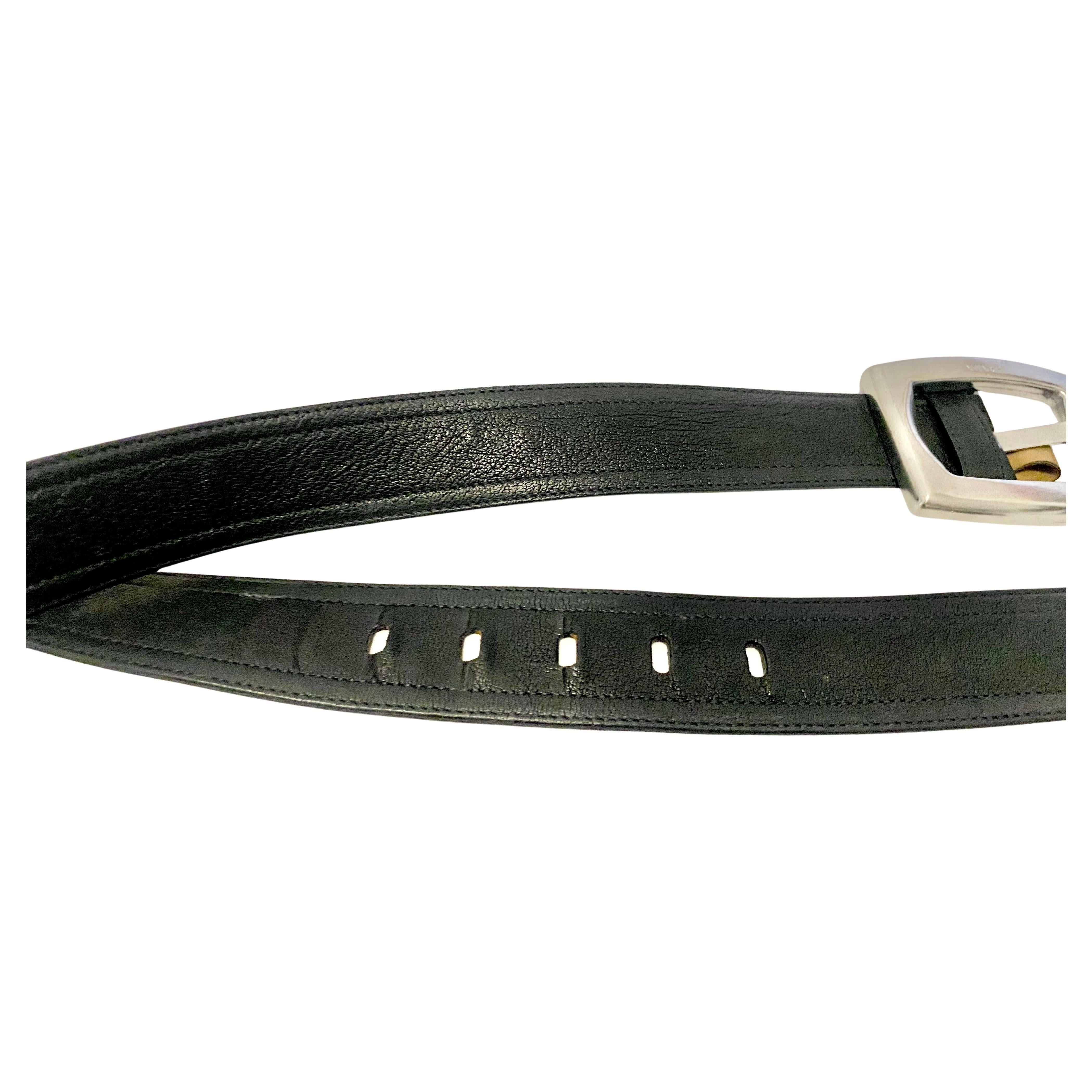 2000s Vintage Prada Leather Black Silver Buckle Belt Unisexe en vente