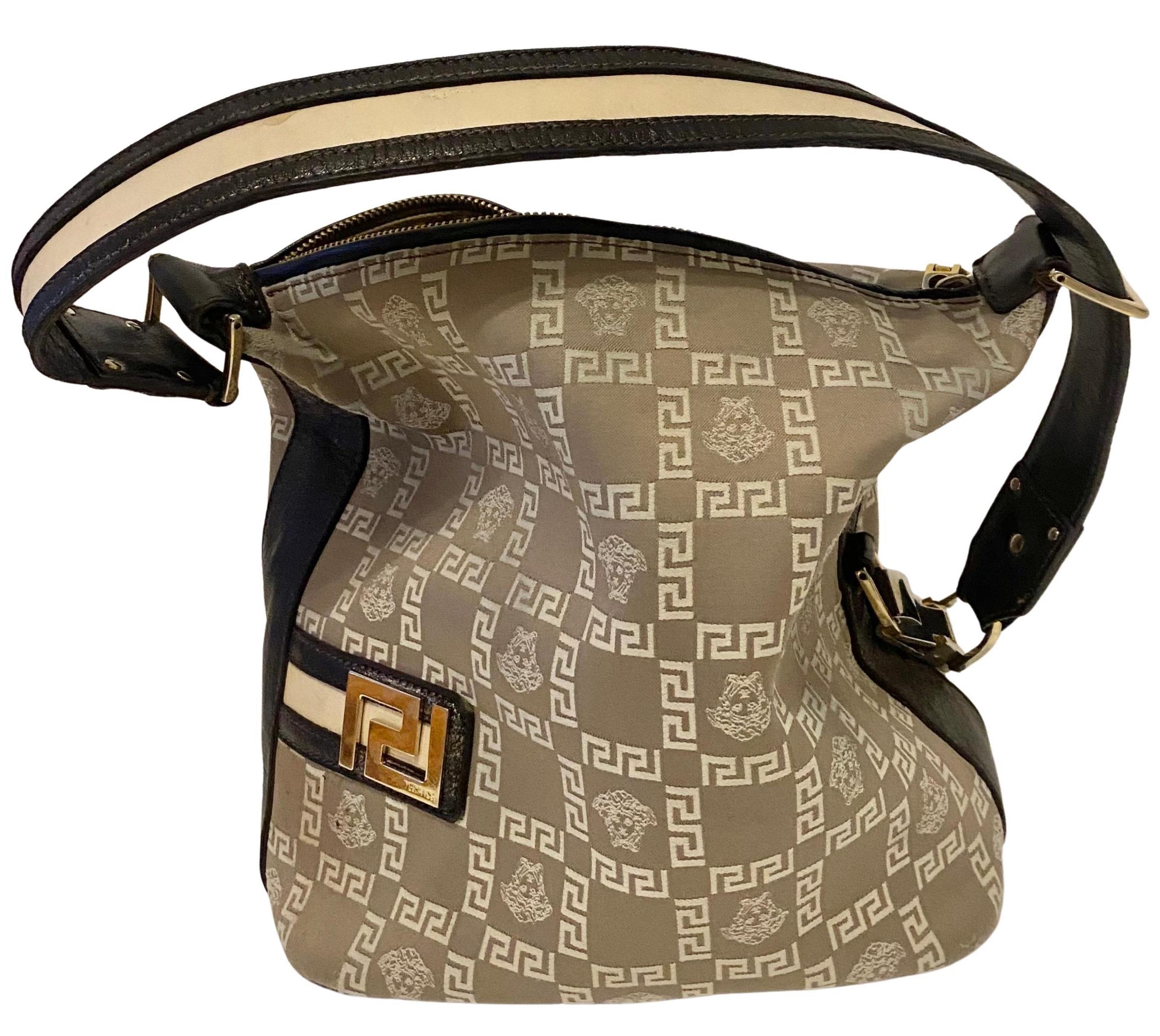 Gray 2000s Vintage VERSACE Medusa Jacquard Leather Greca Vintage Hobo Shoulder Bag For Sale
