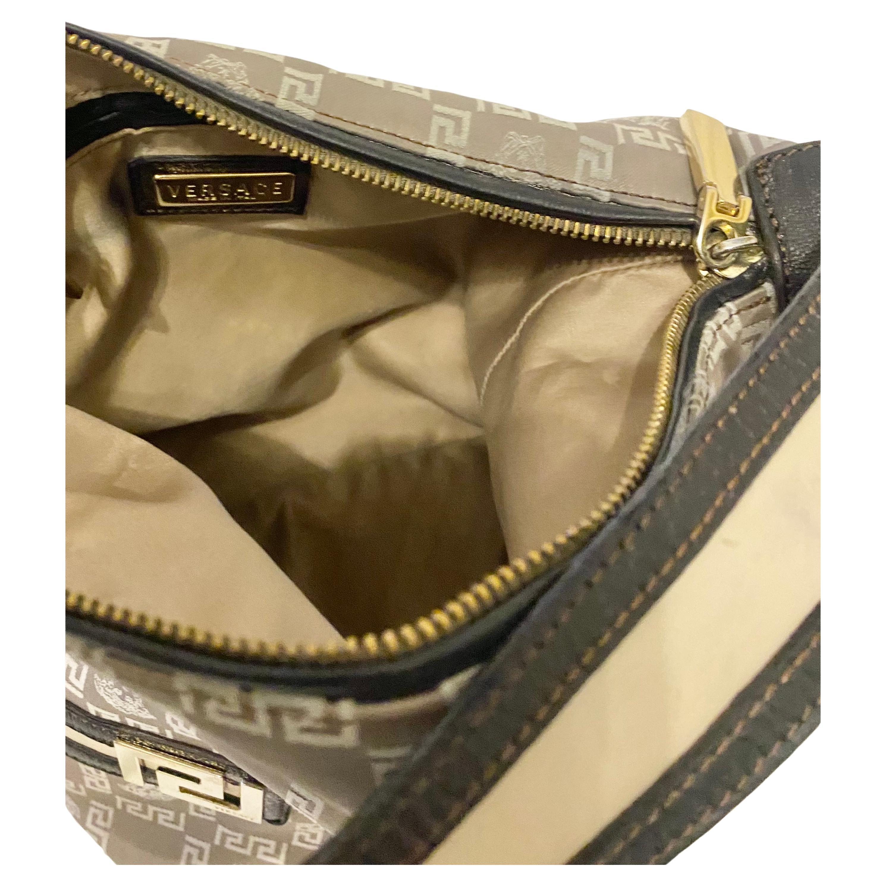 Women's 2000s Vintage VERSACE Medusa Jacquard Leather Greca Vintage Hobo Shoulder Bag For Sale