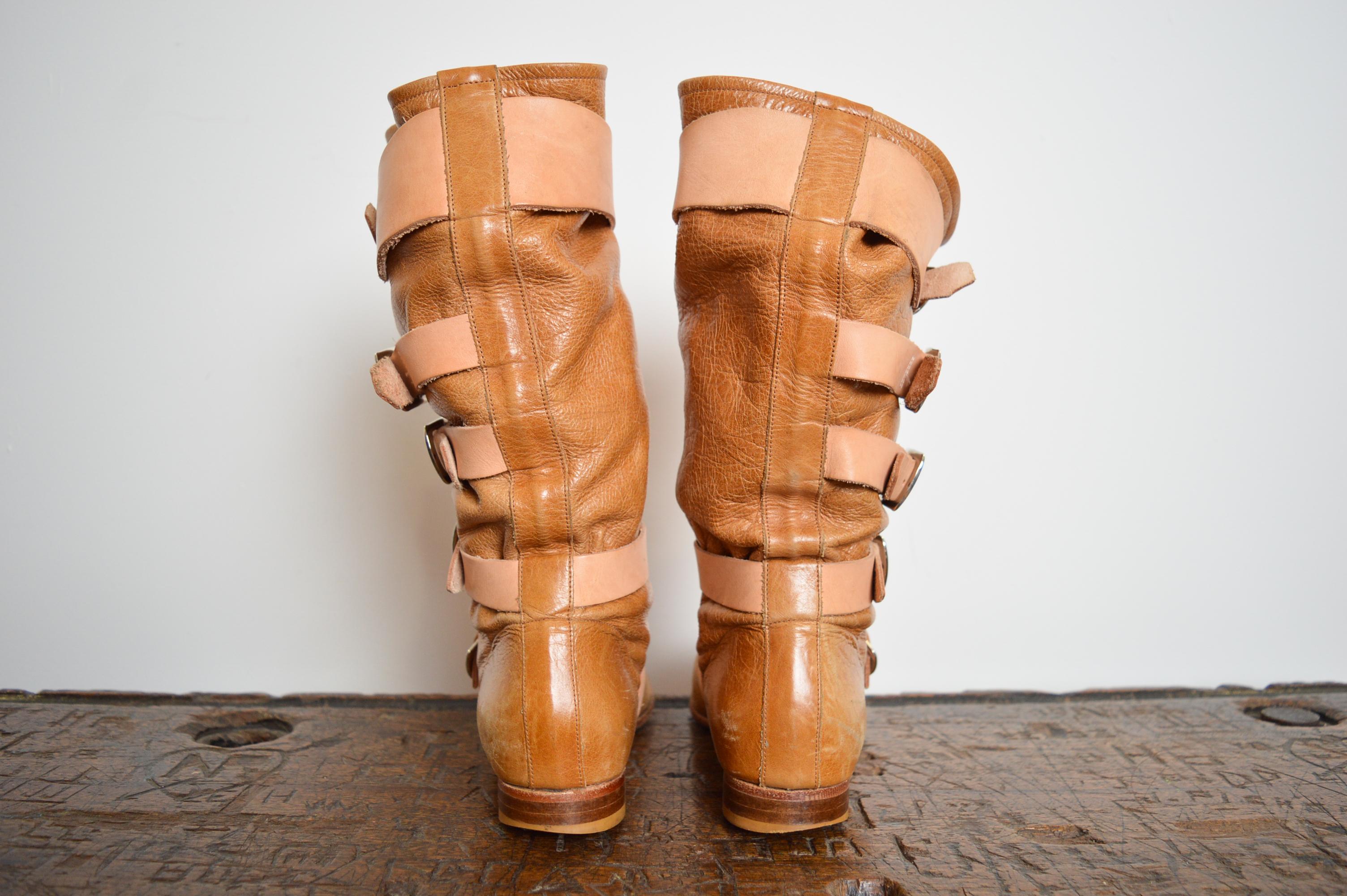 2000's Vivienne Westwood Beige Suede Tan leather buckle Knee High Pirate Boots For Sale 6