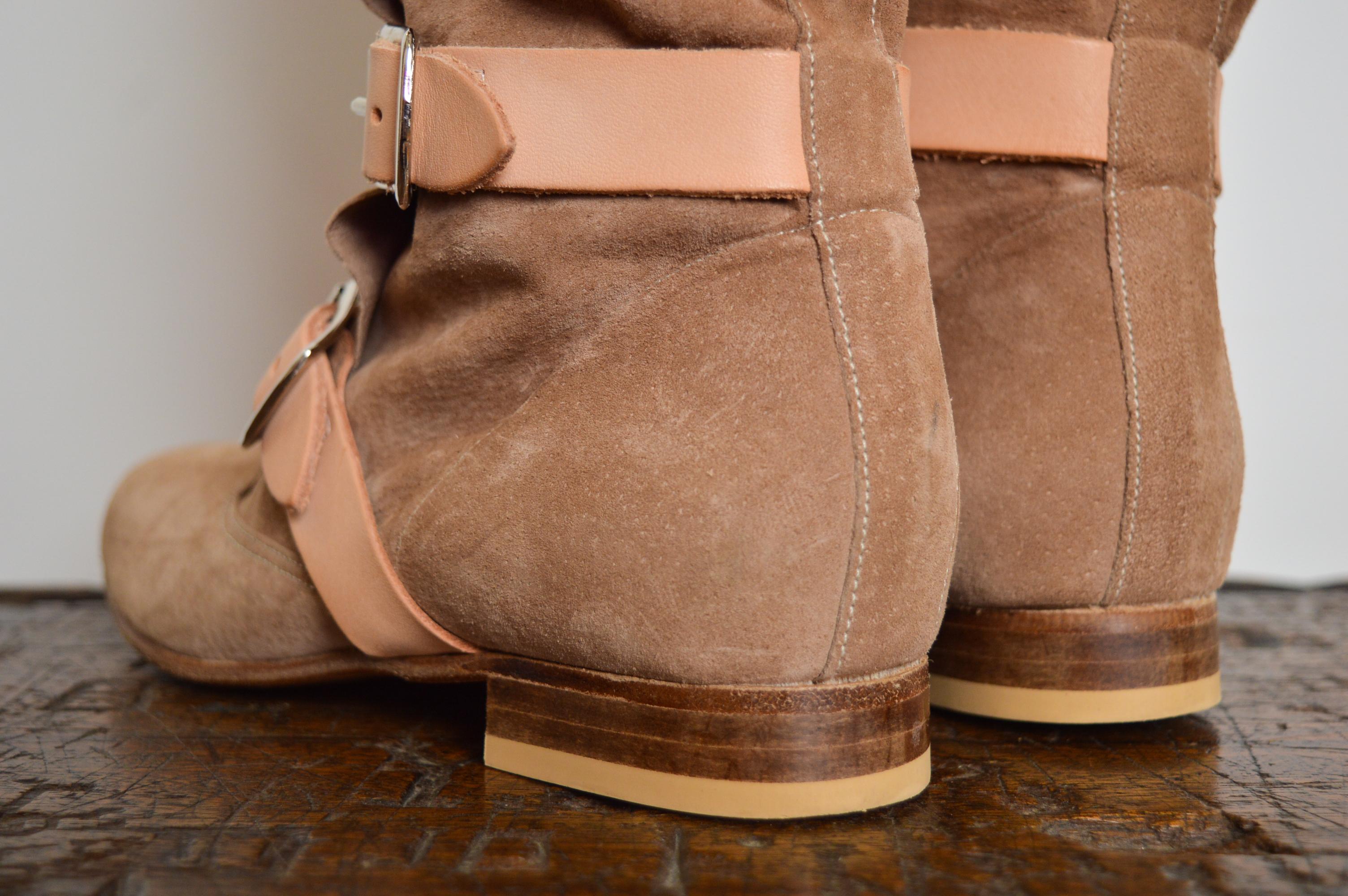 2000's Vivienne Westwood Beige Suede Tan leather buckle Knee High Pirate Boots 8