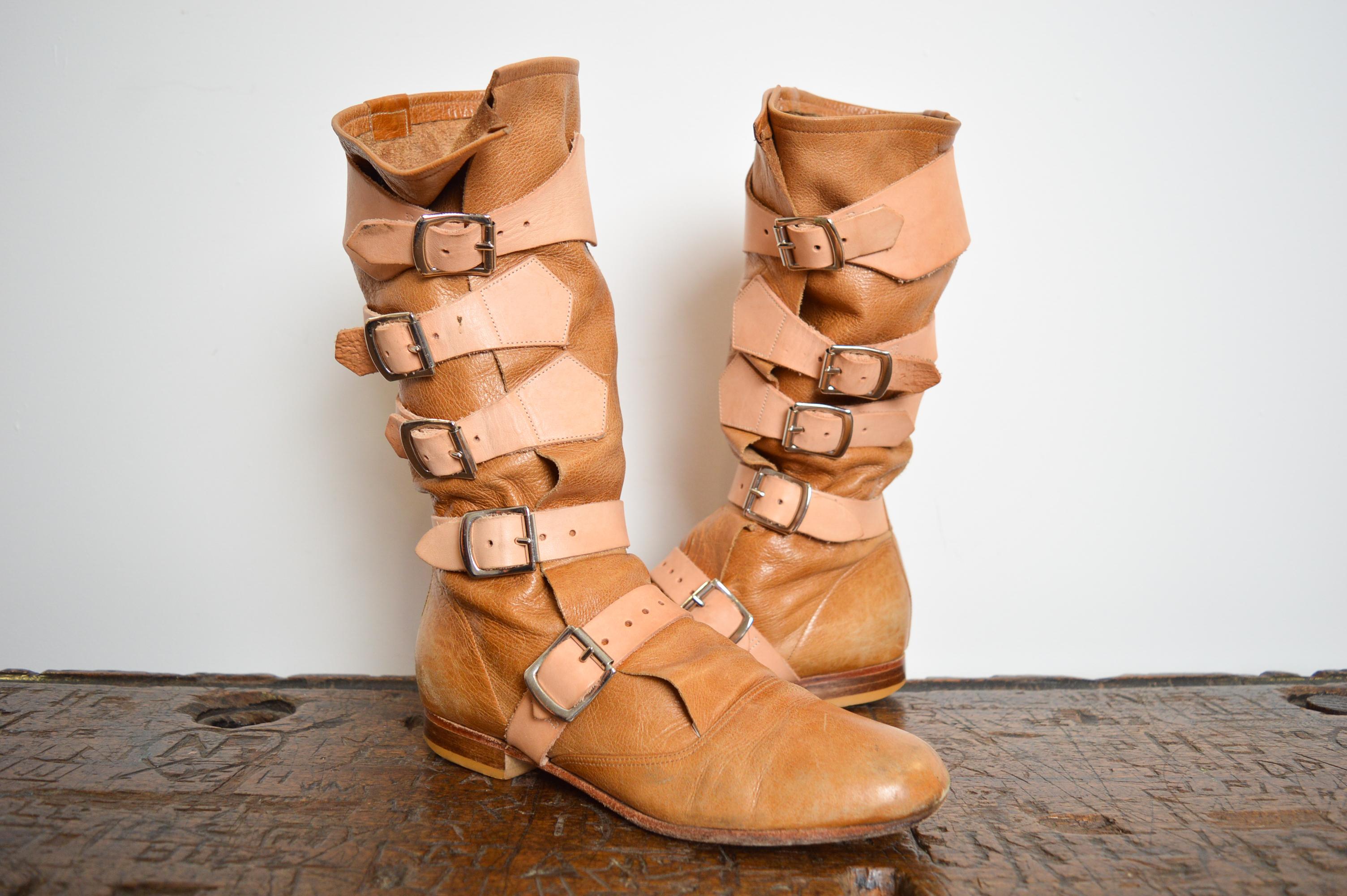 2000's Vivienne Westwood Beige Suede Tan leather buckle Knee High Pirate Boots For Sale 8