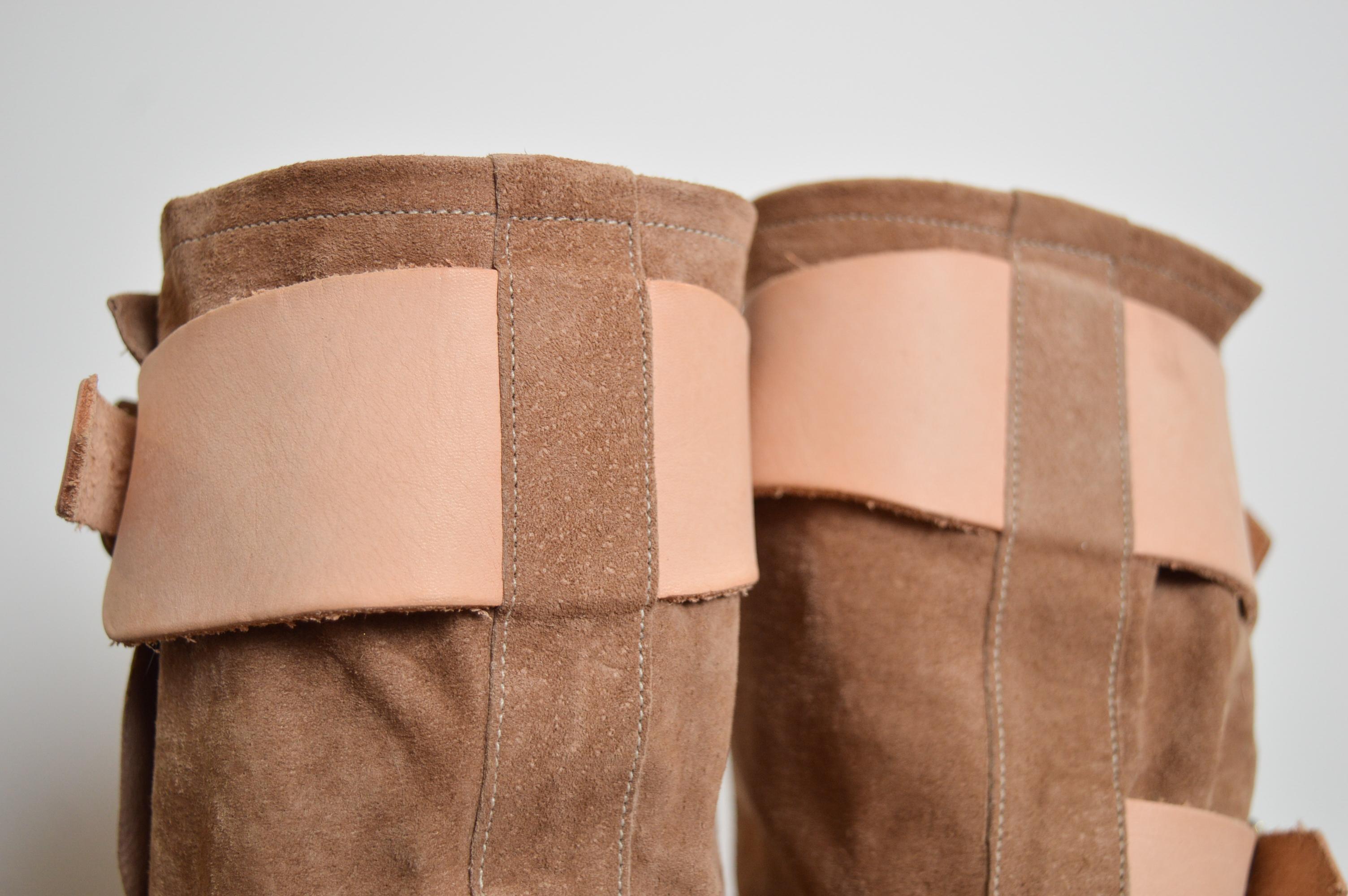 2000's Vivienne Westwood Beige Suede Tan leather buckle Knee High Pirate Boots 10