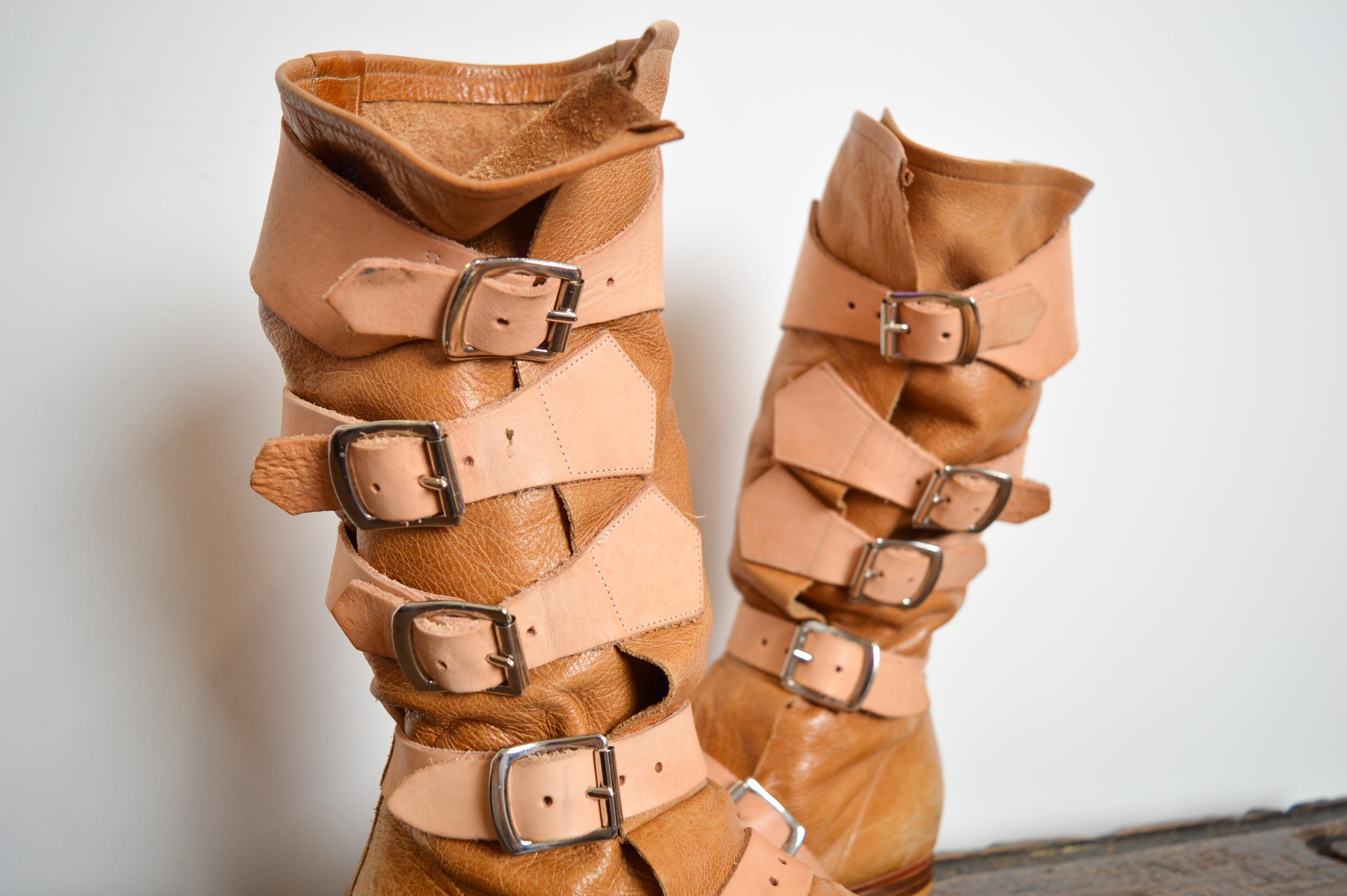 2000's Vivienne Westwood Beige Suede Tan leather buckle Knee High Pirate Boots For Sale 10