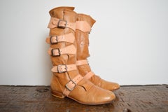 2000's Vivienne Westwood Beige Suede Tan leather buckle Knee High Pirate Boots