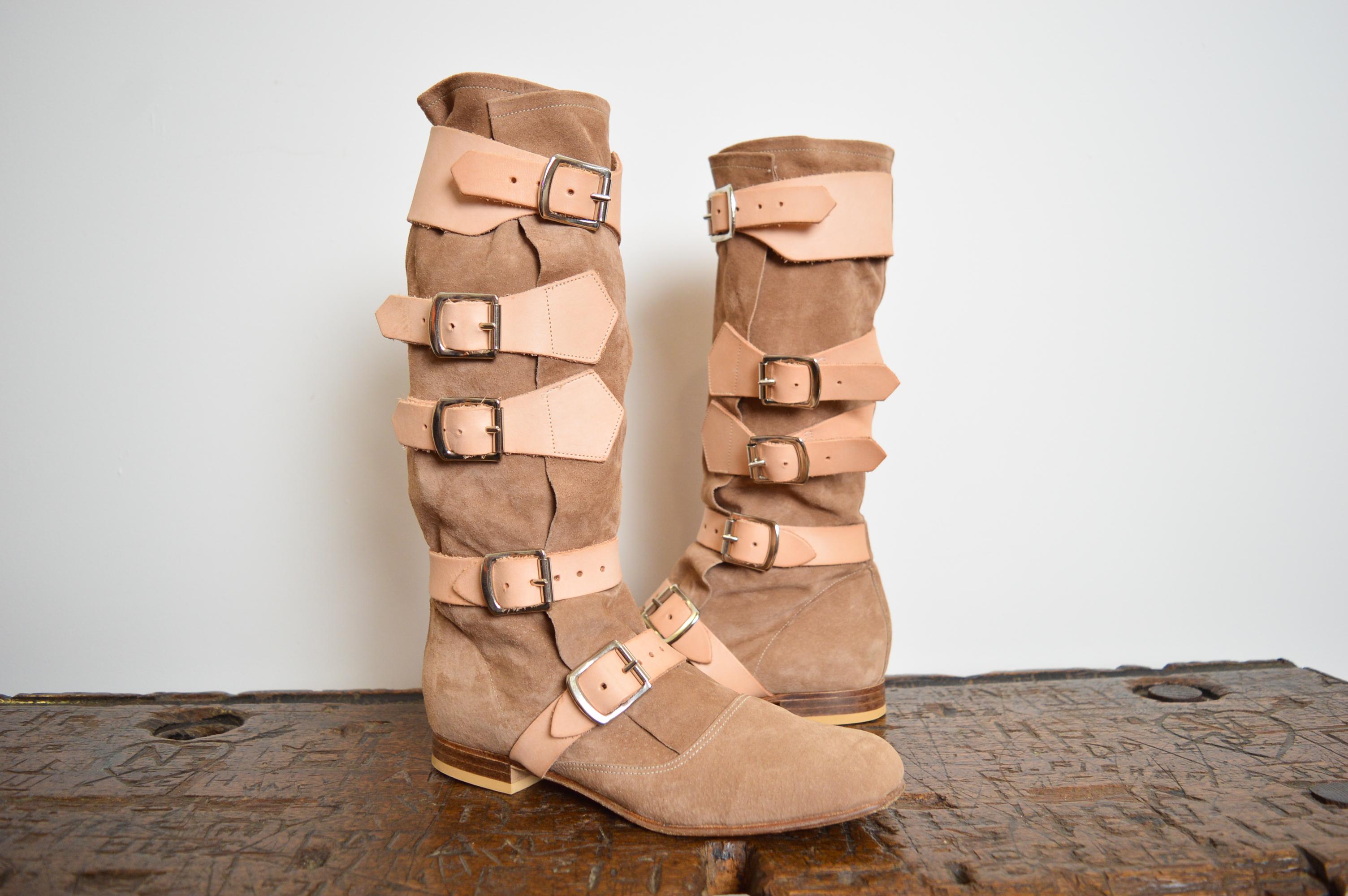 Women's or Men's 2000's Vivienne Westwood Beige Suede Tan leather buckle Knee High Pirate Boots