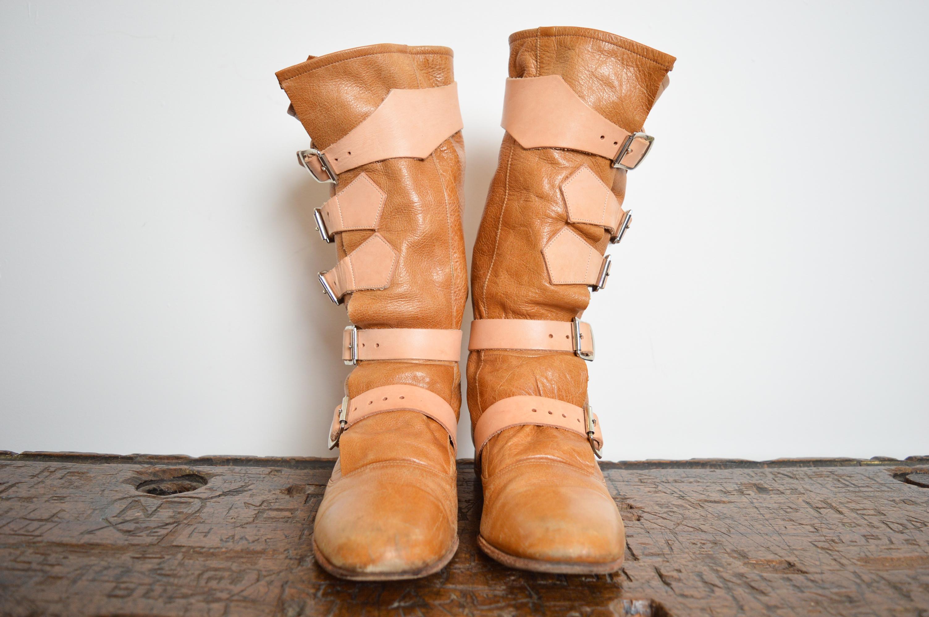 Women's or Men's 2000's Vivienne Westwood Beige Suede Tan leather buckle Knee High Pirate Boots For Sale