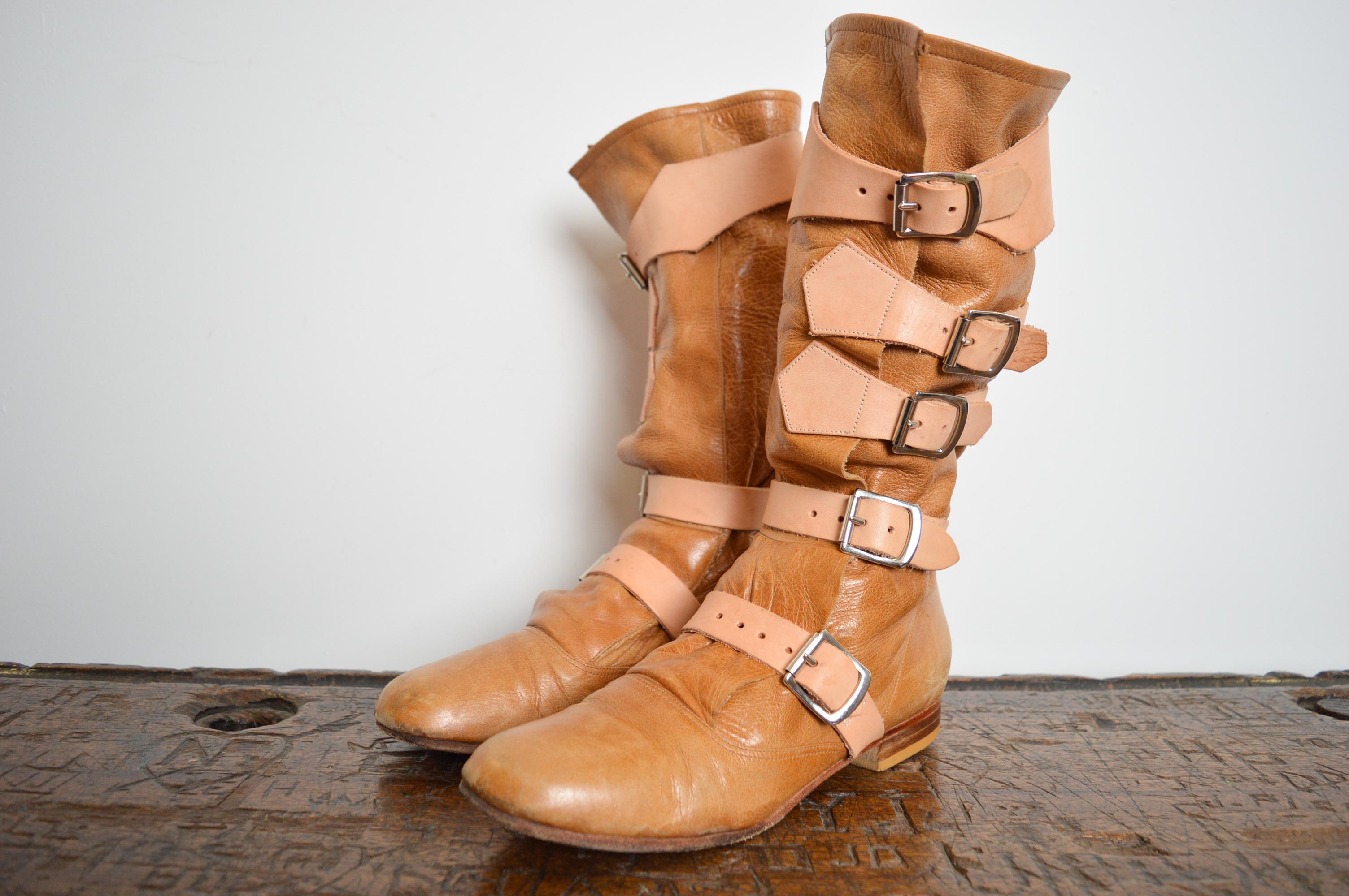 2000's Vivienne Westwood Beige Suede Tan leather buckle Knee High Pirate Boots For Sale 1