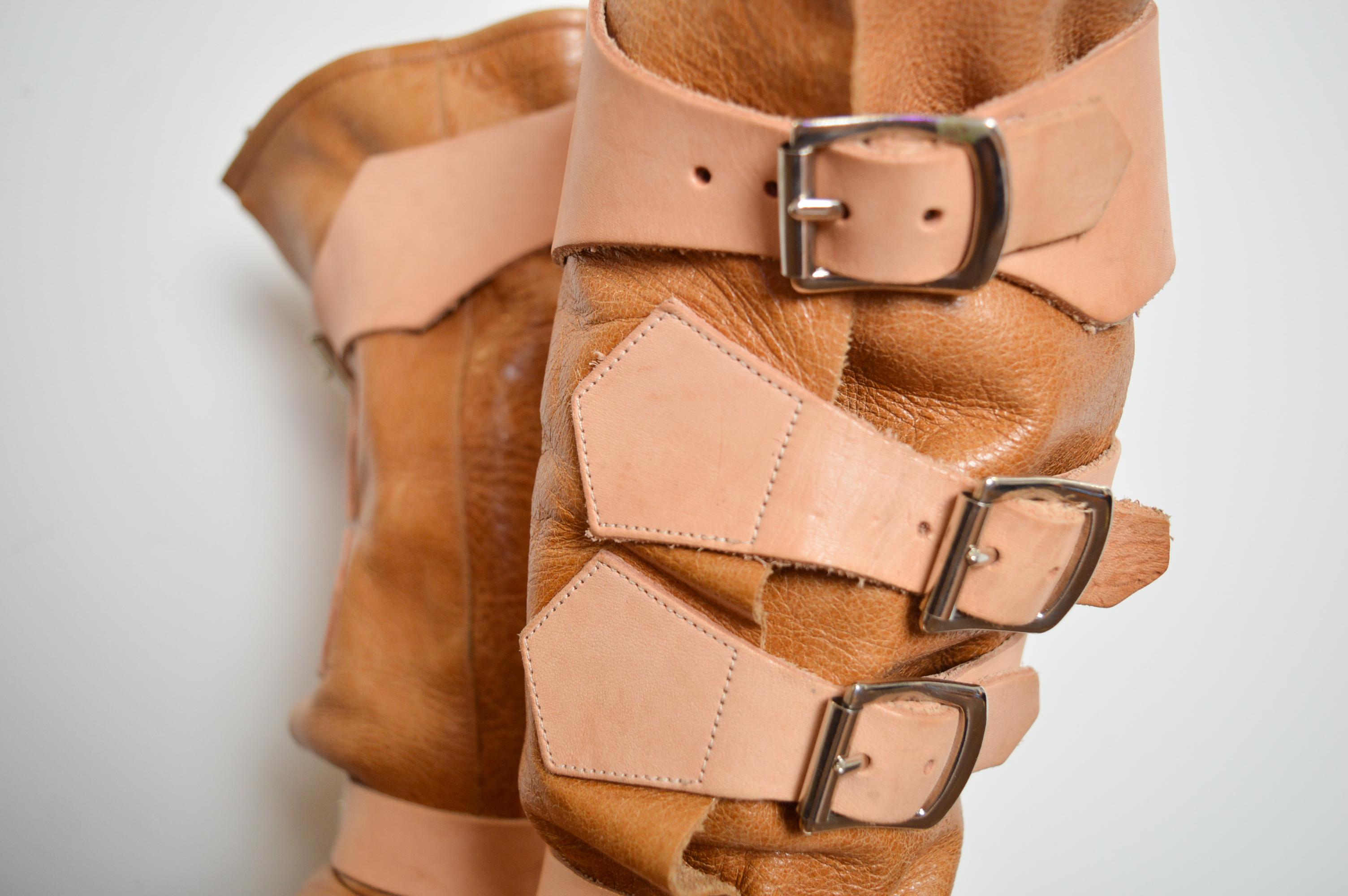 2000's Vivienne Westwood Beige Suede Tan leather buckle Knee High Pirate Boots For Sale 2