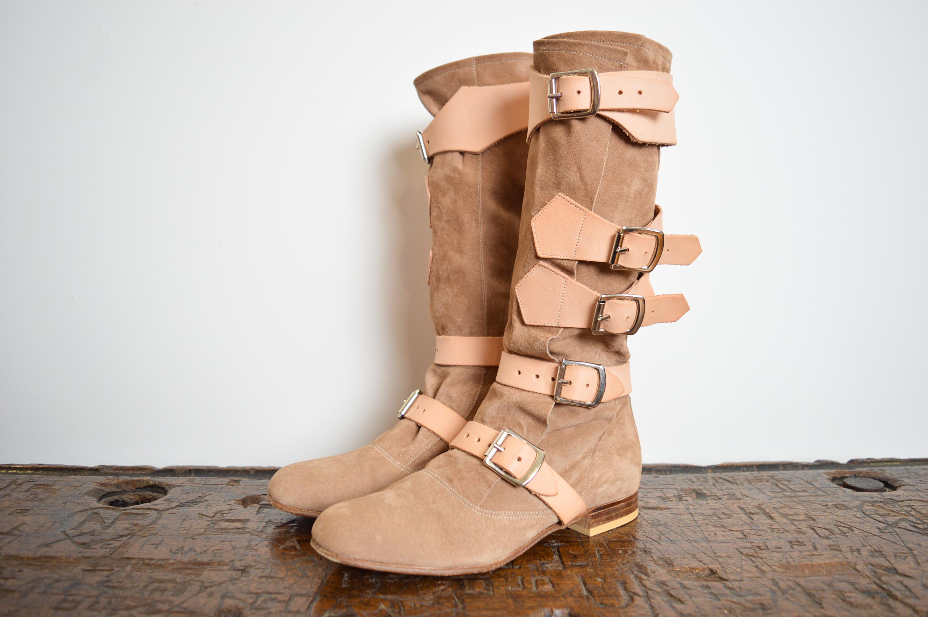2000's Vivienne Westwood Beige Suede Tan leather buckle Knee High Pirate Boots 3
