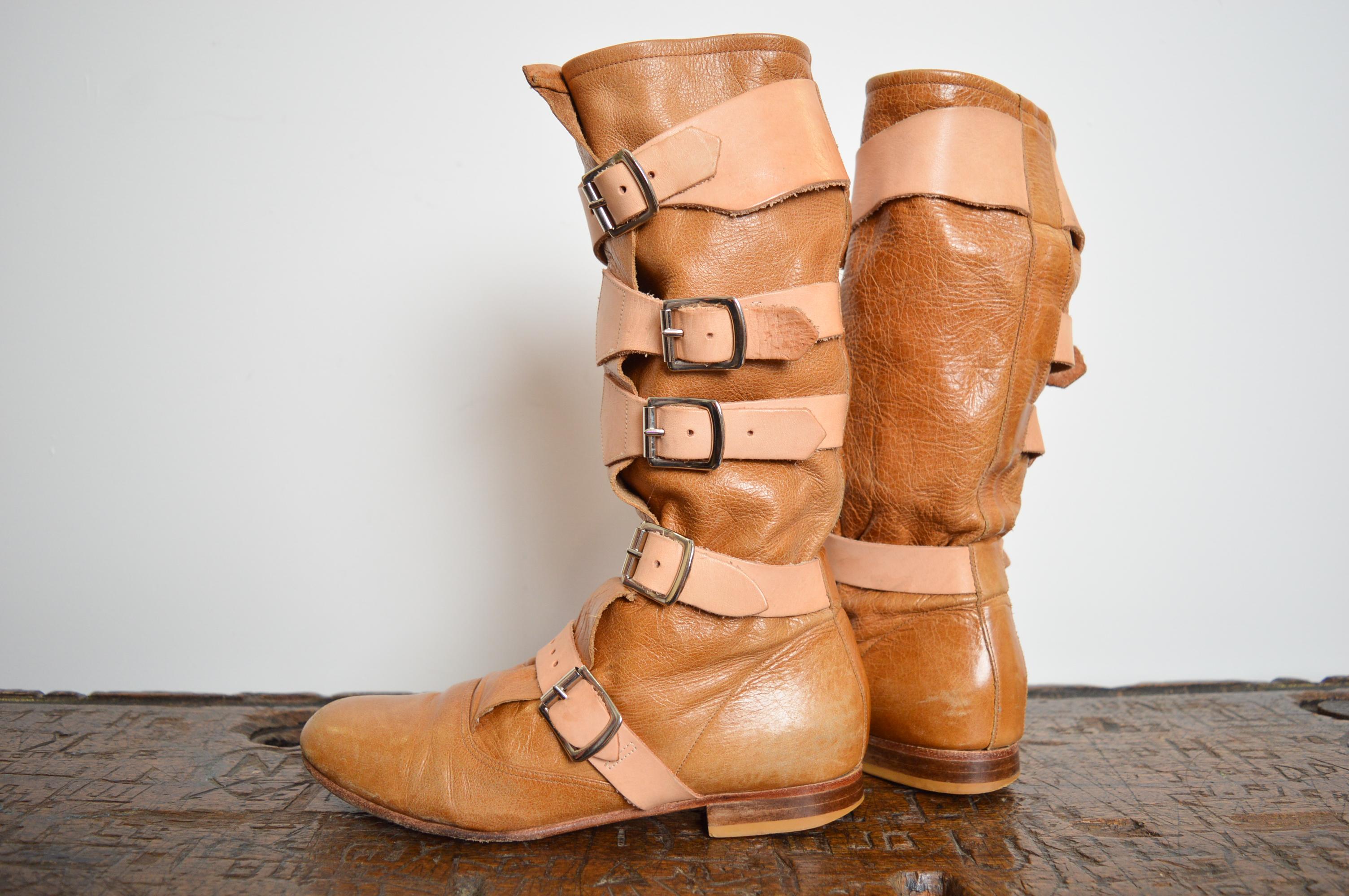 2000's Vivienne Westwood Beige Suede Tan leather buckle Knee High Pirate Boots For Sale 4