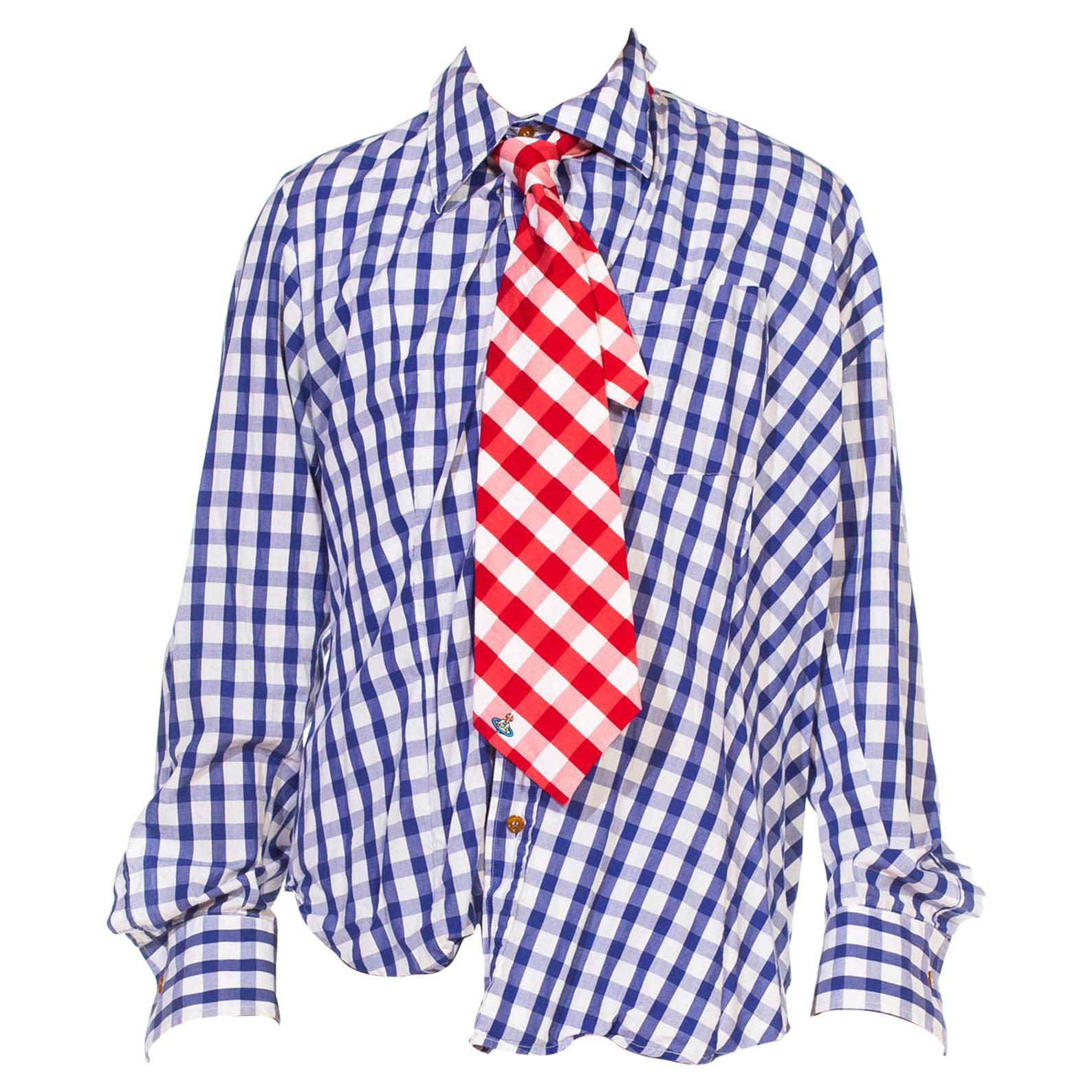 2000S Vivienne Westwood Blue & White Striped Cotton Plaid "Drunken" Shirt With  For Sale