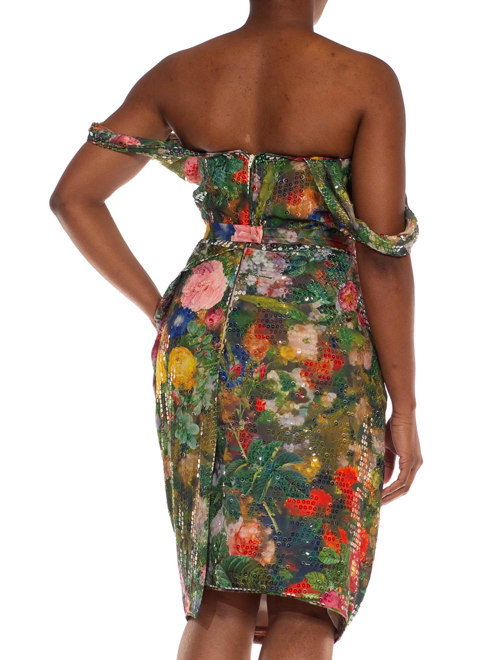 2000S VIVIENNE WESTWOOD Verde Floral Gasa Poliéster Sobre Estampado Lentejuelas St 1