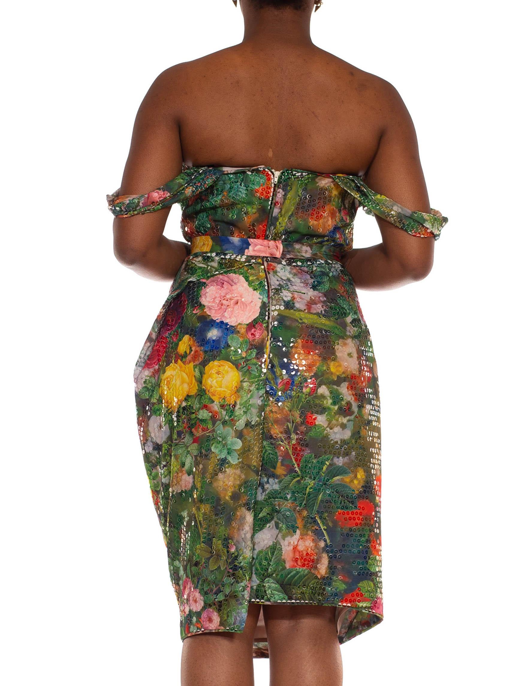 2000S VIVIENNE WESTWOOD Verde Floral Gasa Poliéster Sobre Estampado Lentejuelas St 2