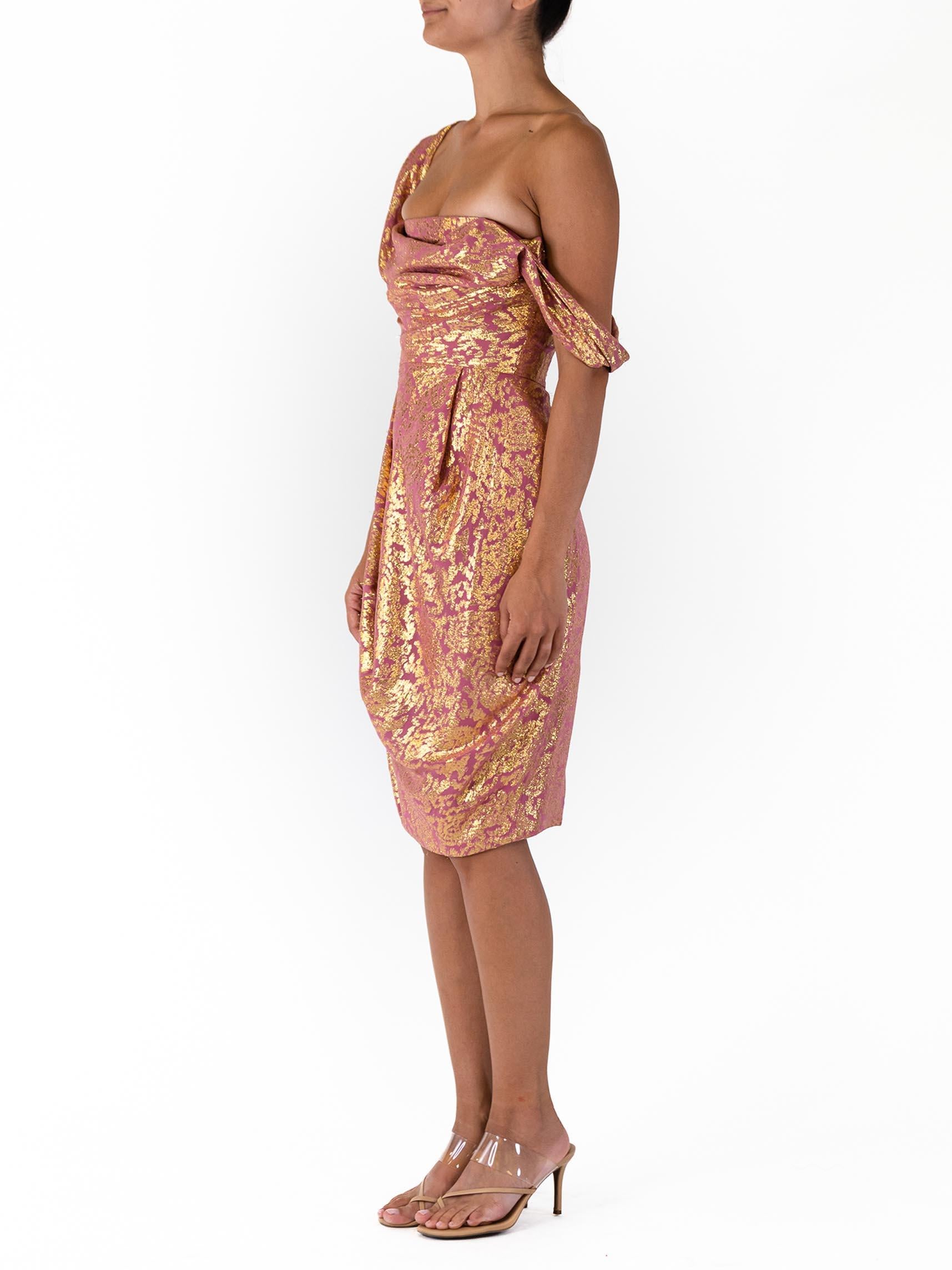 Brown 2000S VIVIENNE WESTWOOD Pink & Gold Silk Lurex Lamé Corseted Cocktail Dress For Sale