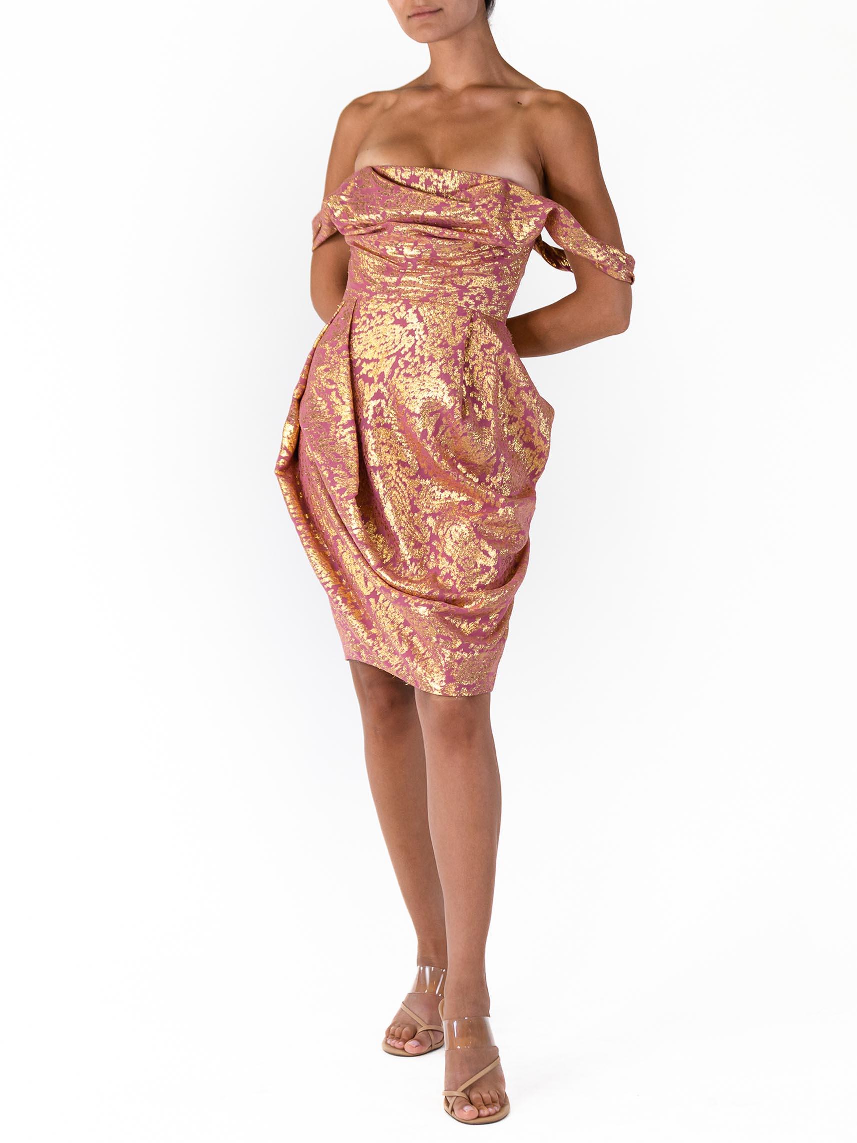 2000S VIVIENNE WESTWOOD Pink & Gold Silk Lurex Lamé Corseted Cocktail Dress For Sale 1