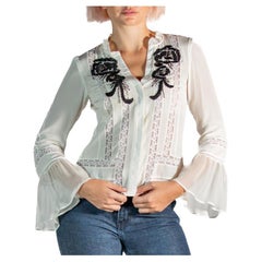 2000S Top blanco de crepé de seda con cuentas y encaje