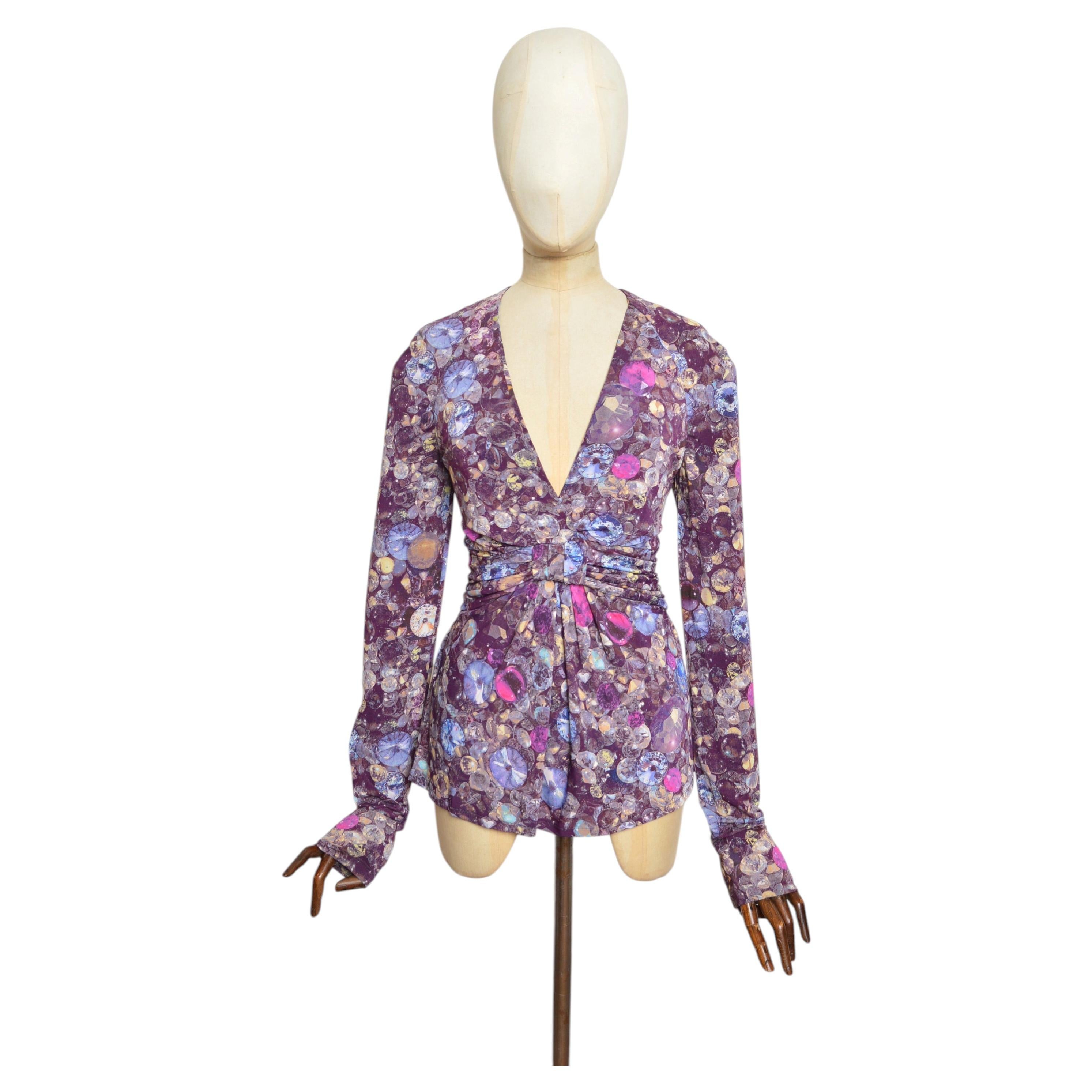 2000’s Y2K ICEBERG Purple Gem Stone Print Blouse Long Sleeve Top