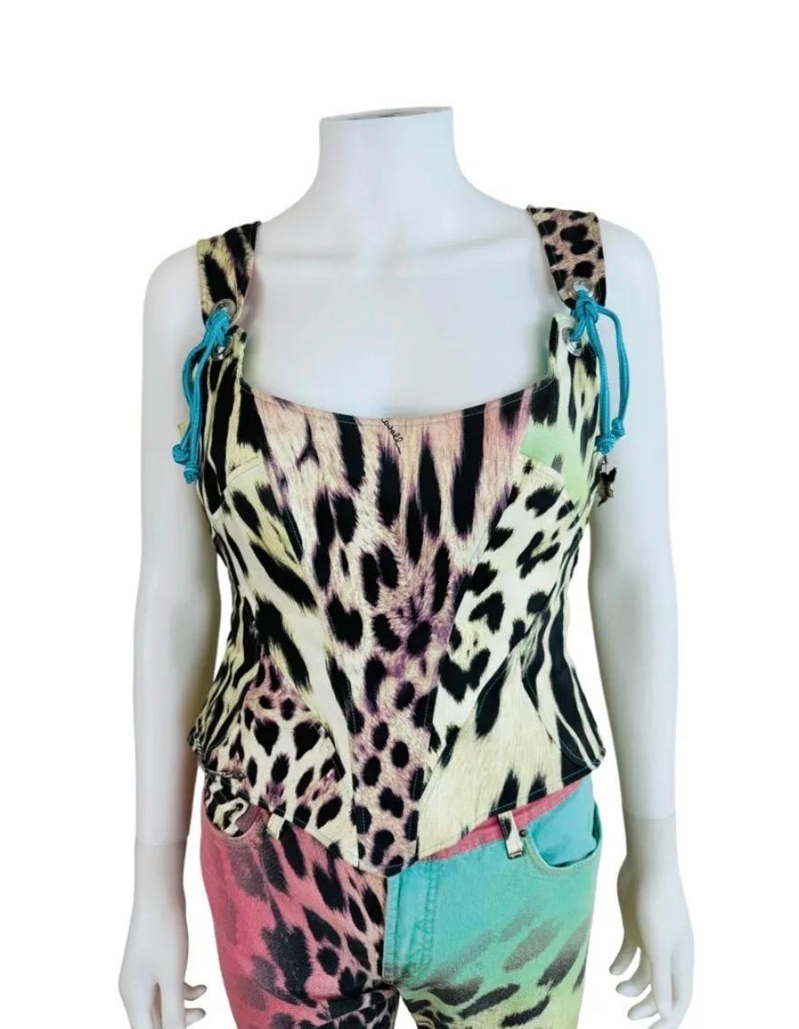 Gray 2000s Y2K Robert Cavalli Just Cavalli Rainbow Leopard Corset Bustier Pants Set