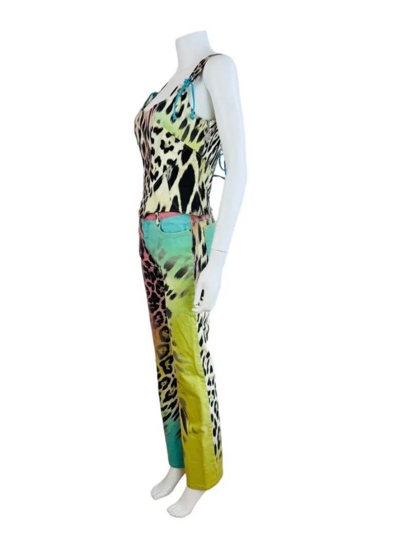 2000s Y2K Robert Cavalli Just Cavalli Rainbow Leopard Corset Bustier Pants Set In Excellent Condition In Denver, CO