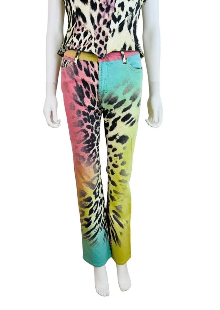 Women's 2000s Y2K Robert Cavalli Just Cavalli Rainbow Leopard Corset Bustier Pants Set