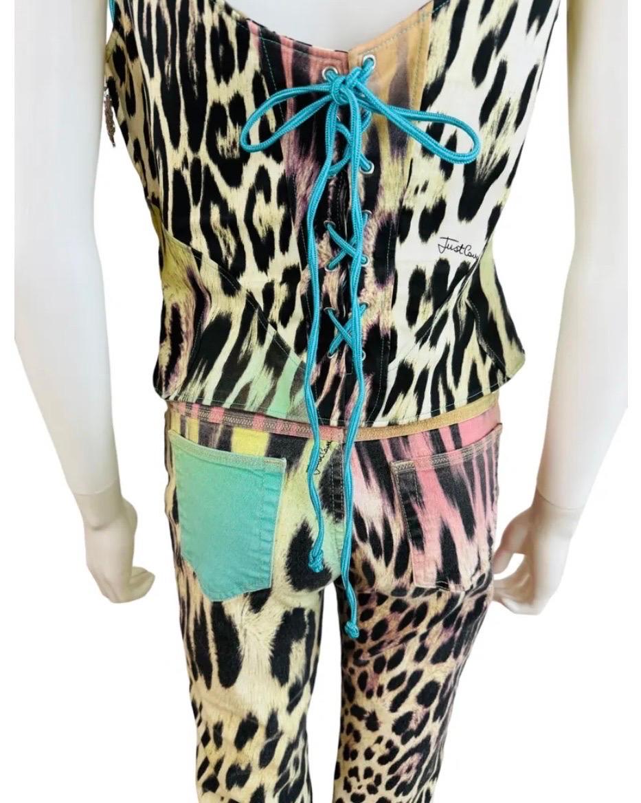 2000s Y2K Robert Cavalli Just Cavalli Rainbow Leopard Corset Bustier Pants Set 4