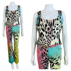 2000s Y2K Robert Cavalli Just Cavalli Rainbow Leopard Corset Bustier Pants Set