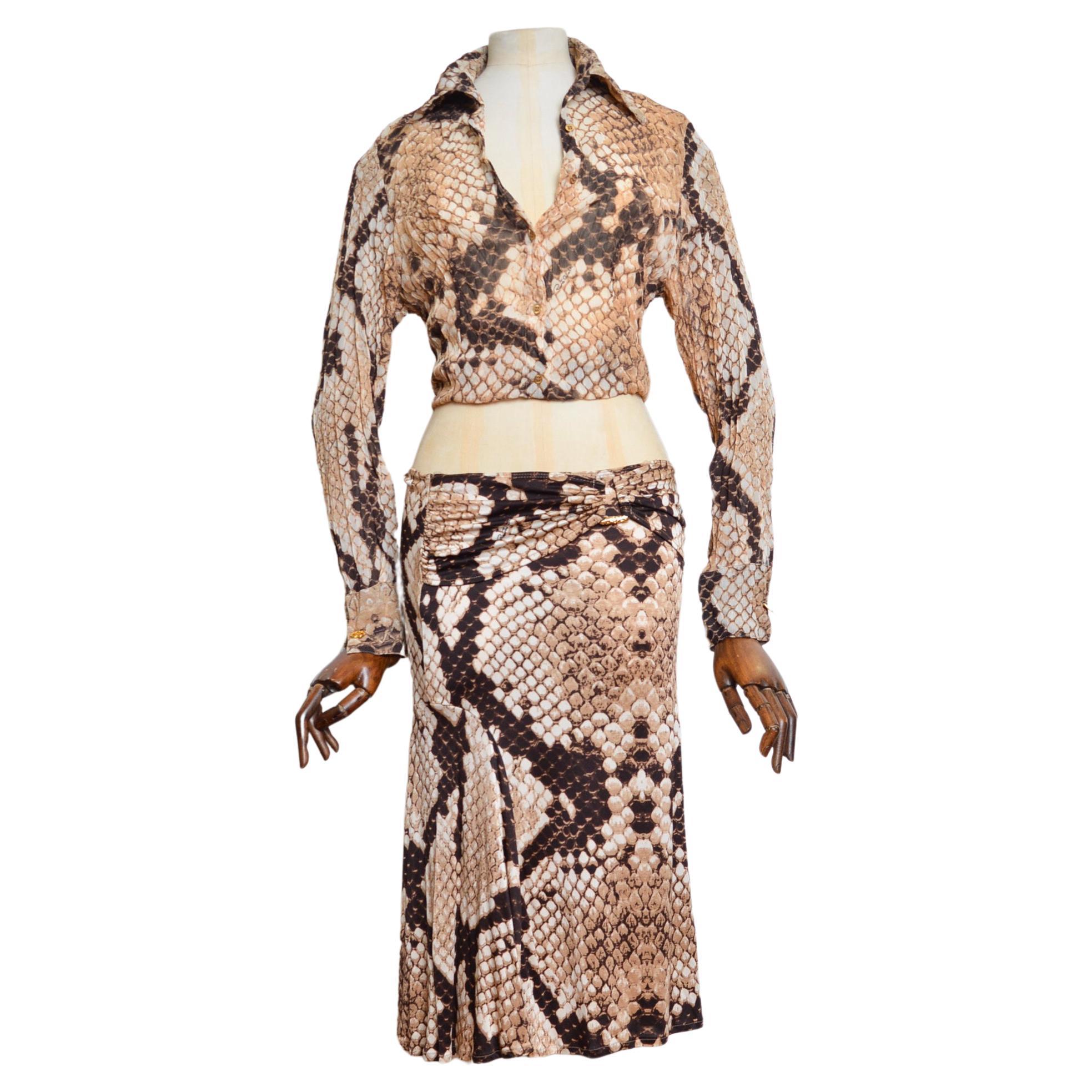 2000's Y2k Roberto Cavalli Vintage Snakeskin Silk Shirt & Low rise Skirt Set For Sale