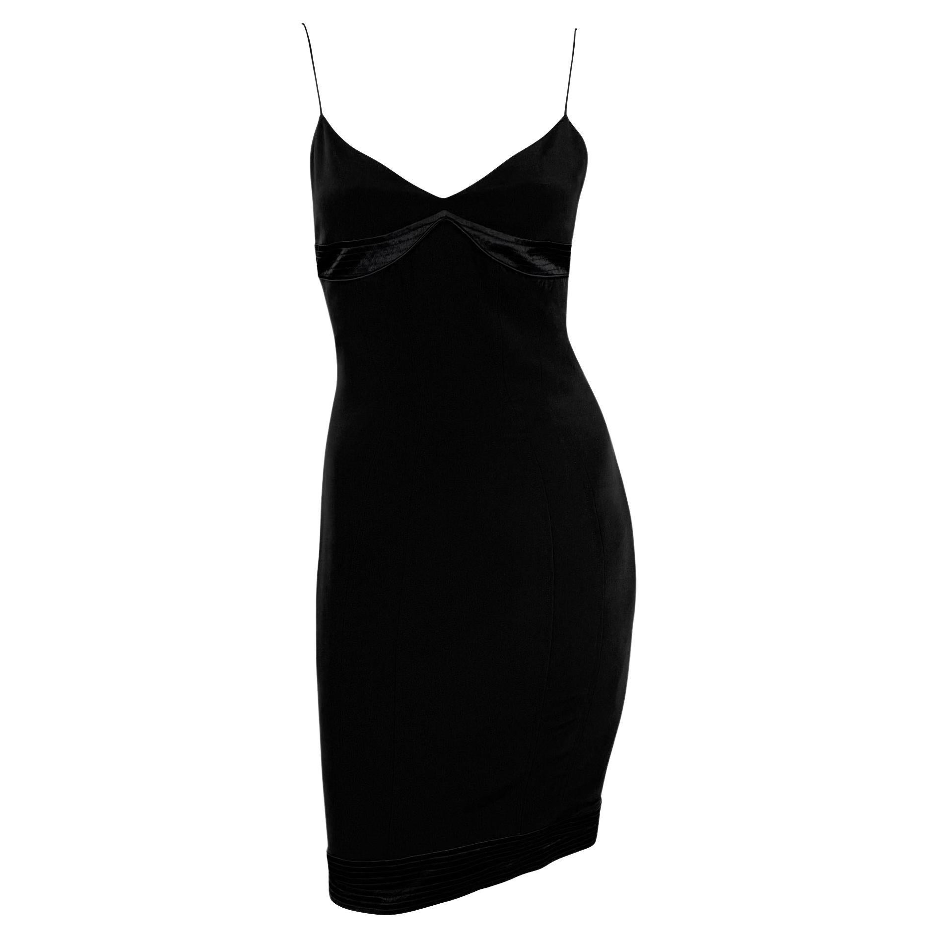 2000s Yigal Azrouël Black Satin Trim Panel Hourglass Slip Dress en vente