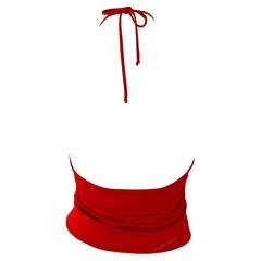 2000s Yigal Azrouël Red Viscose Stretch Backless Halter Crop Top Y2K