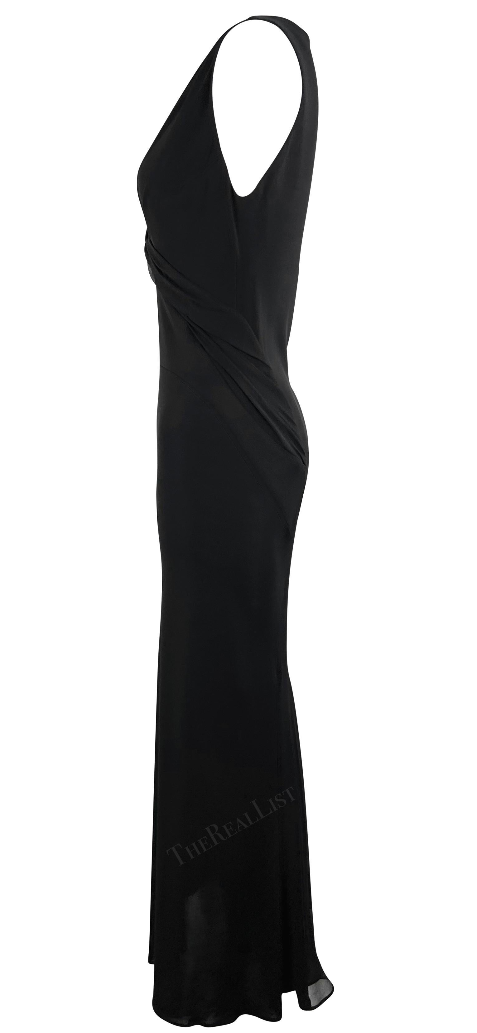 2000s Yigal Azrouël Semi-Sheer Black Bodycon Chiffon Trim Plunging  Gown In Excellent Condition For Sale In West Hollywood, CA