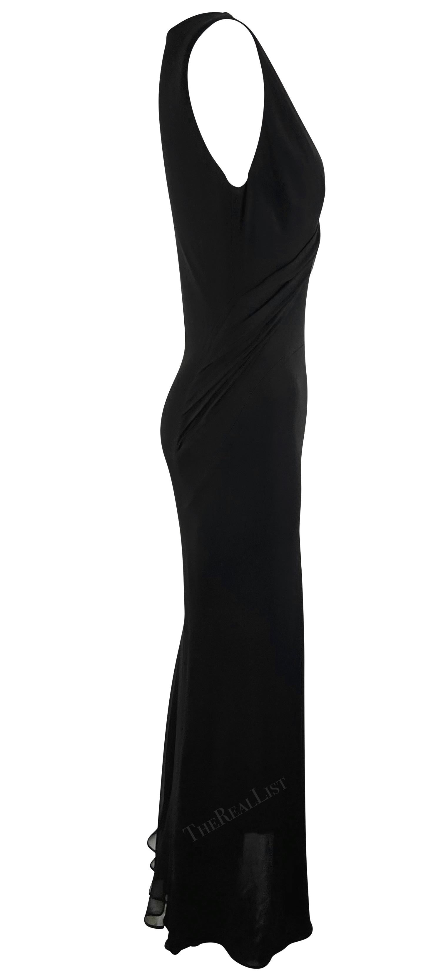 2000s Yigal Azrouël Semi-Sheer Black Bodycon Chiffon Trim Plunging  Gown For Sale 1