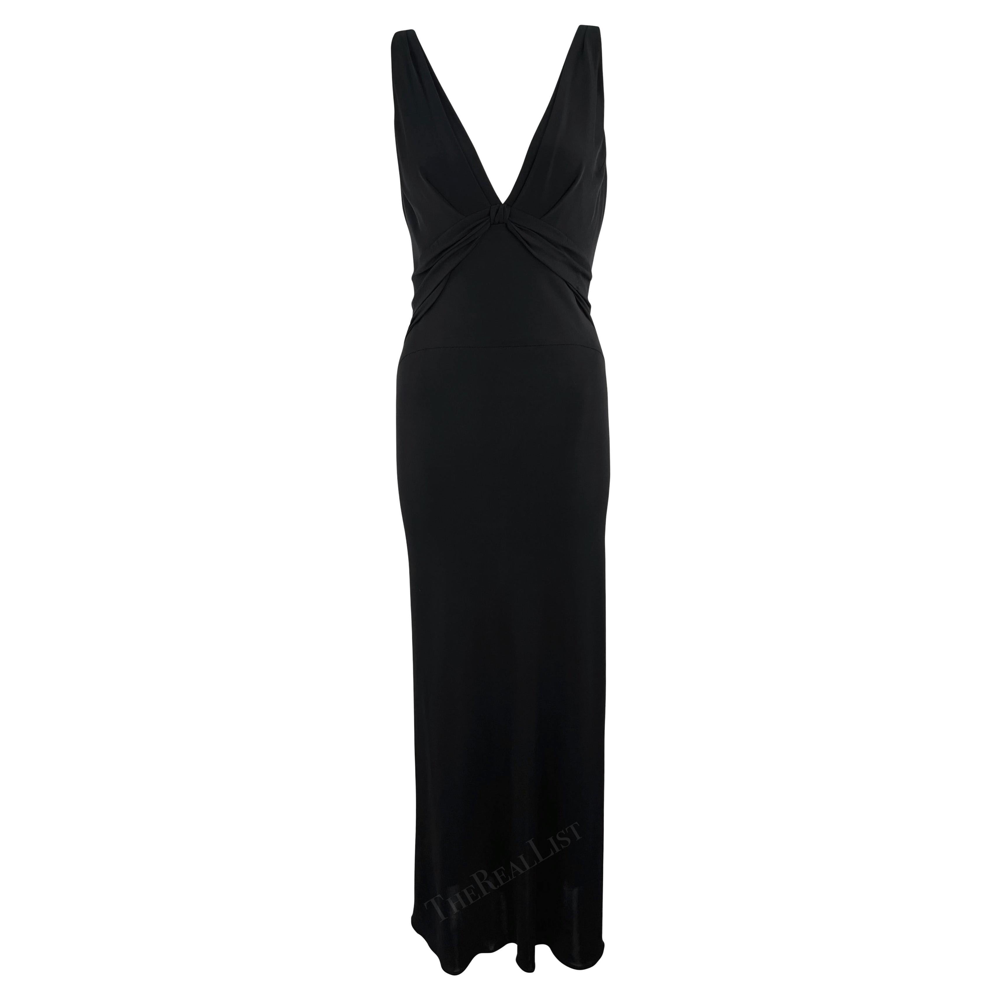 2000s Yigal Azrouël Semi-Sheer Black Bodycon Chiffon Trim Plunging  Gown For Sale