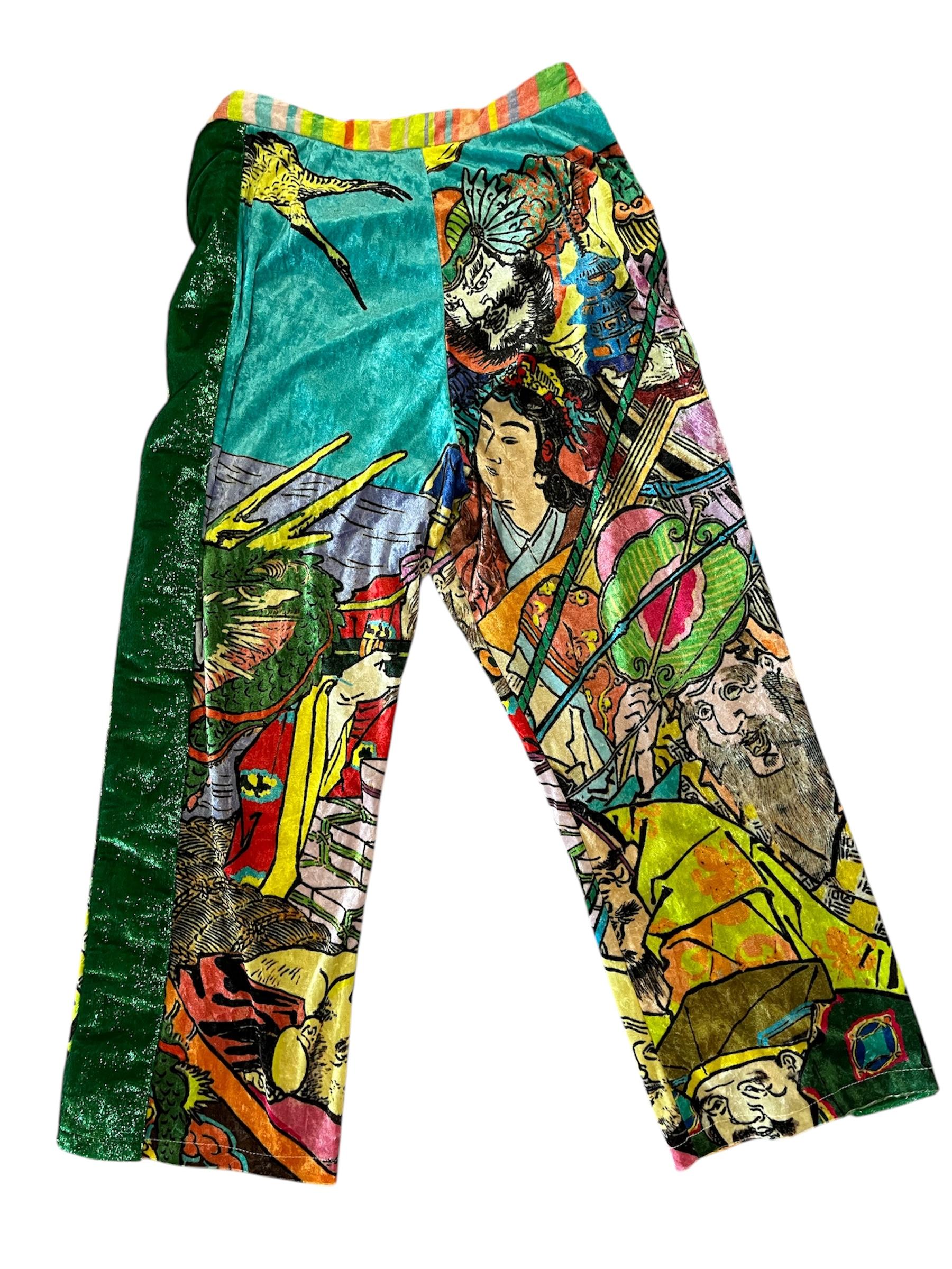 2000s YOSHIKI HISHINUMA Multicolored Silk Velvet Pants In Excellent Condition For Sale In New York, NY