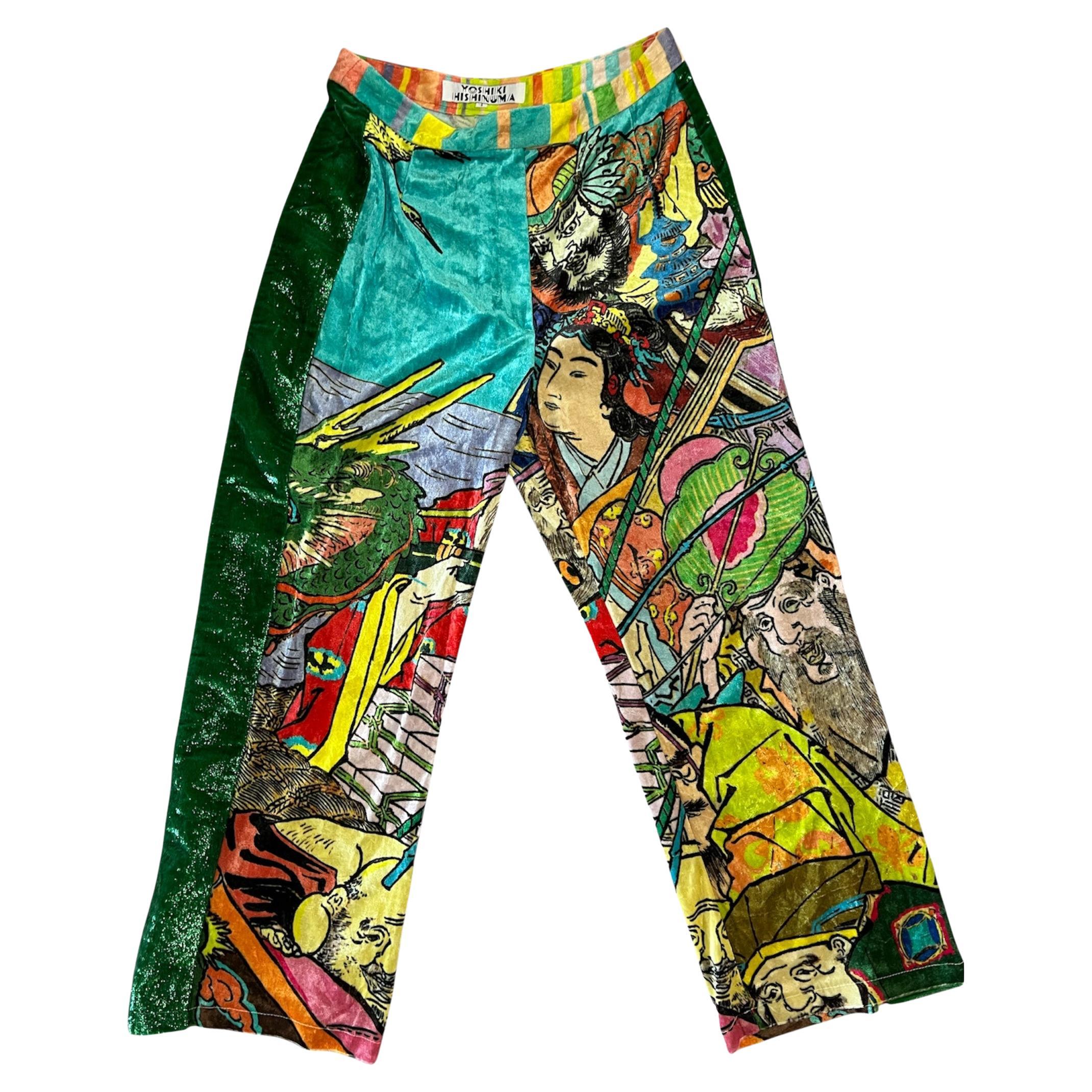 2000s YOSHIKI HISHINUMA Multicolored Silk Velvet Pants For Sale