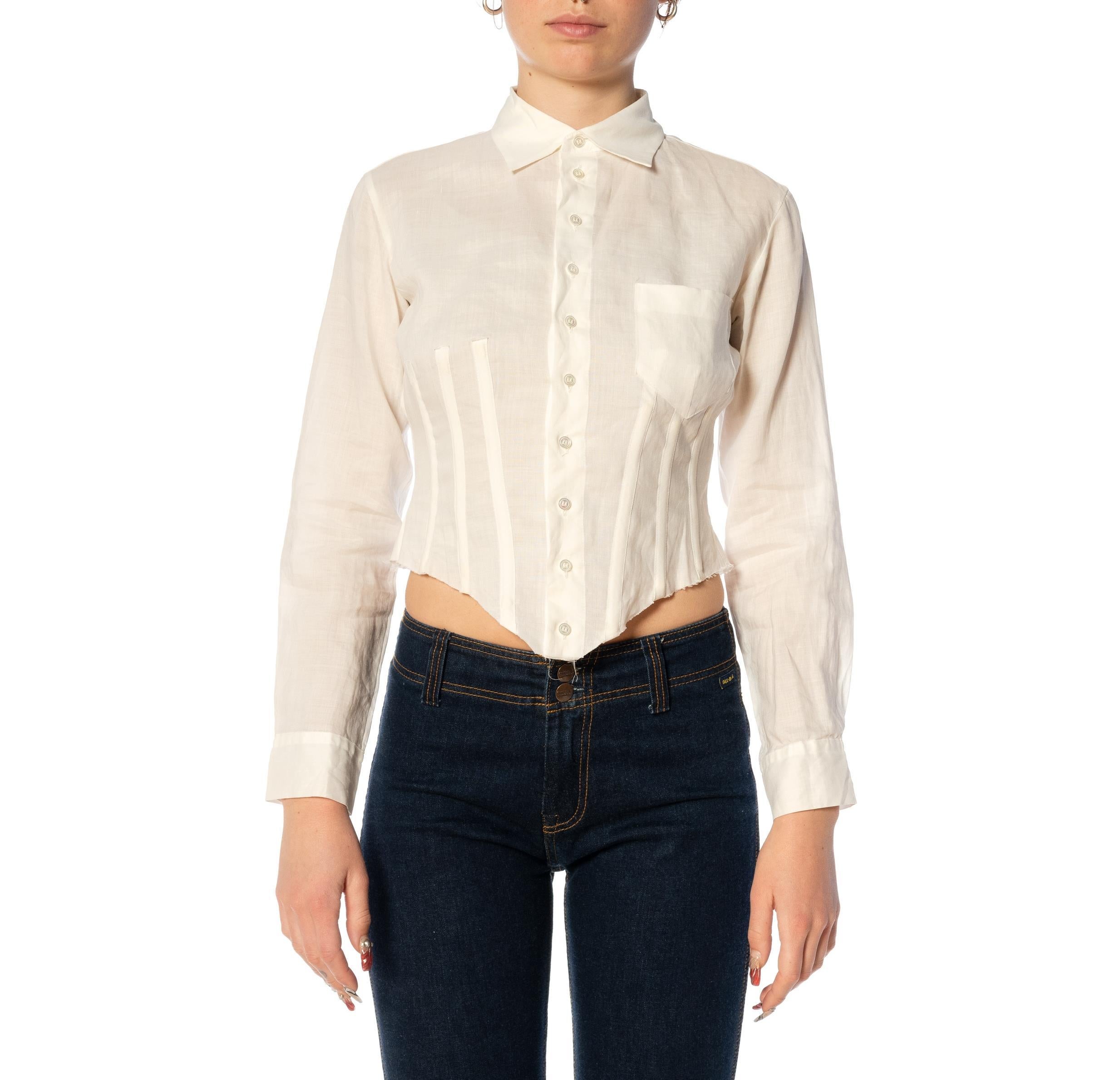 2000S Y’S YOHJI YAMAMOTO Cream Linen Long Sleeve Collared Blouse With Rib Boning In Excellent Condition In New York, NY
