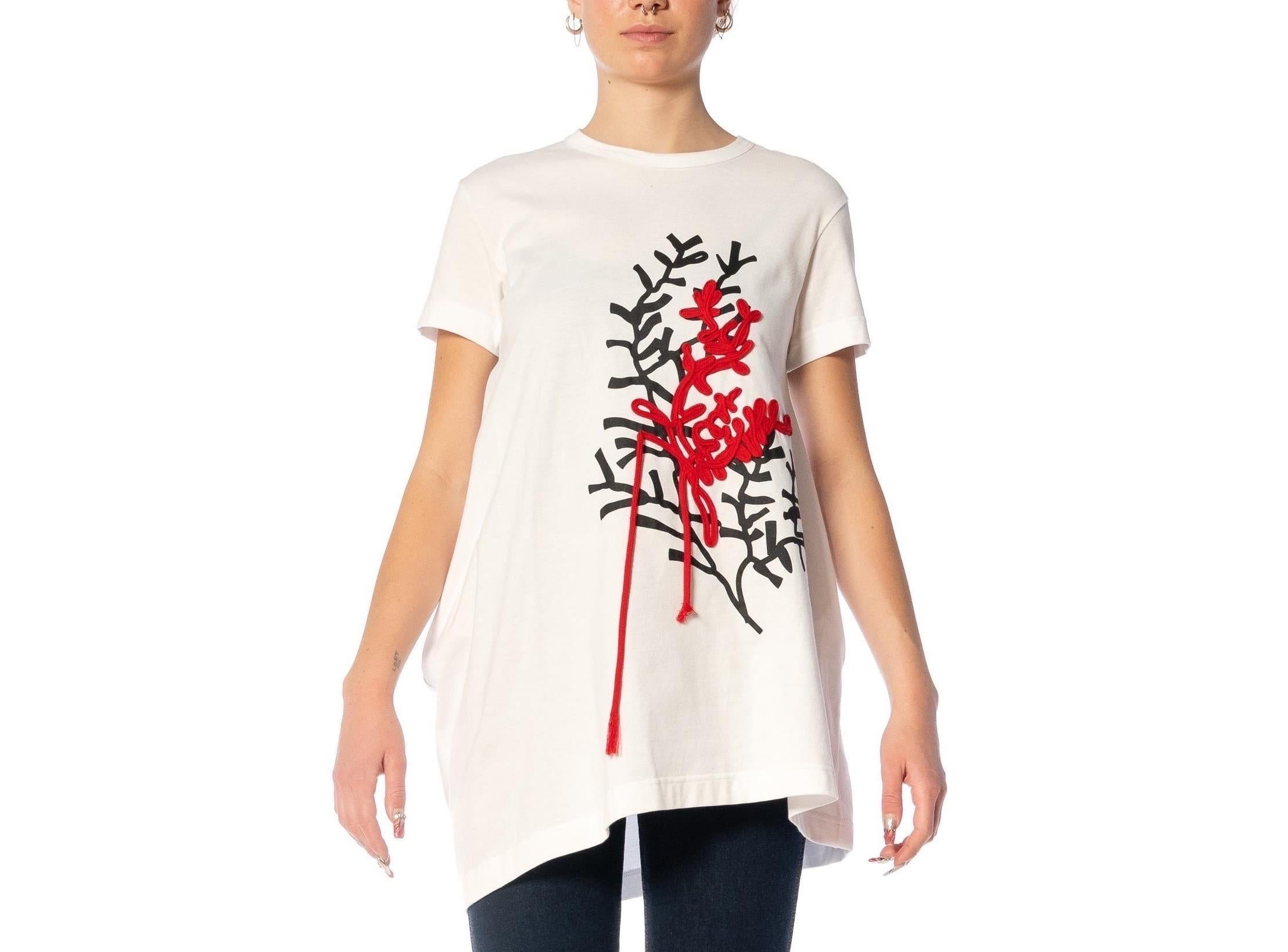 2000S Y’S YOHJI YAMAMOTO White Cotton & Acrylic Abstract Embroidered Print T-Shirt Dress