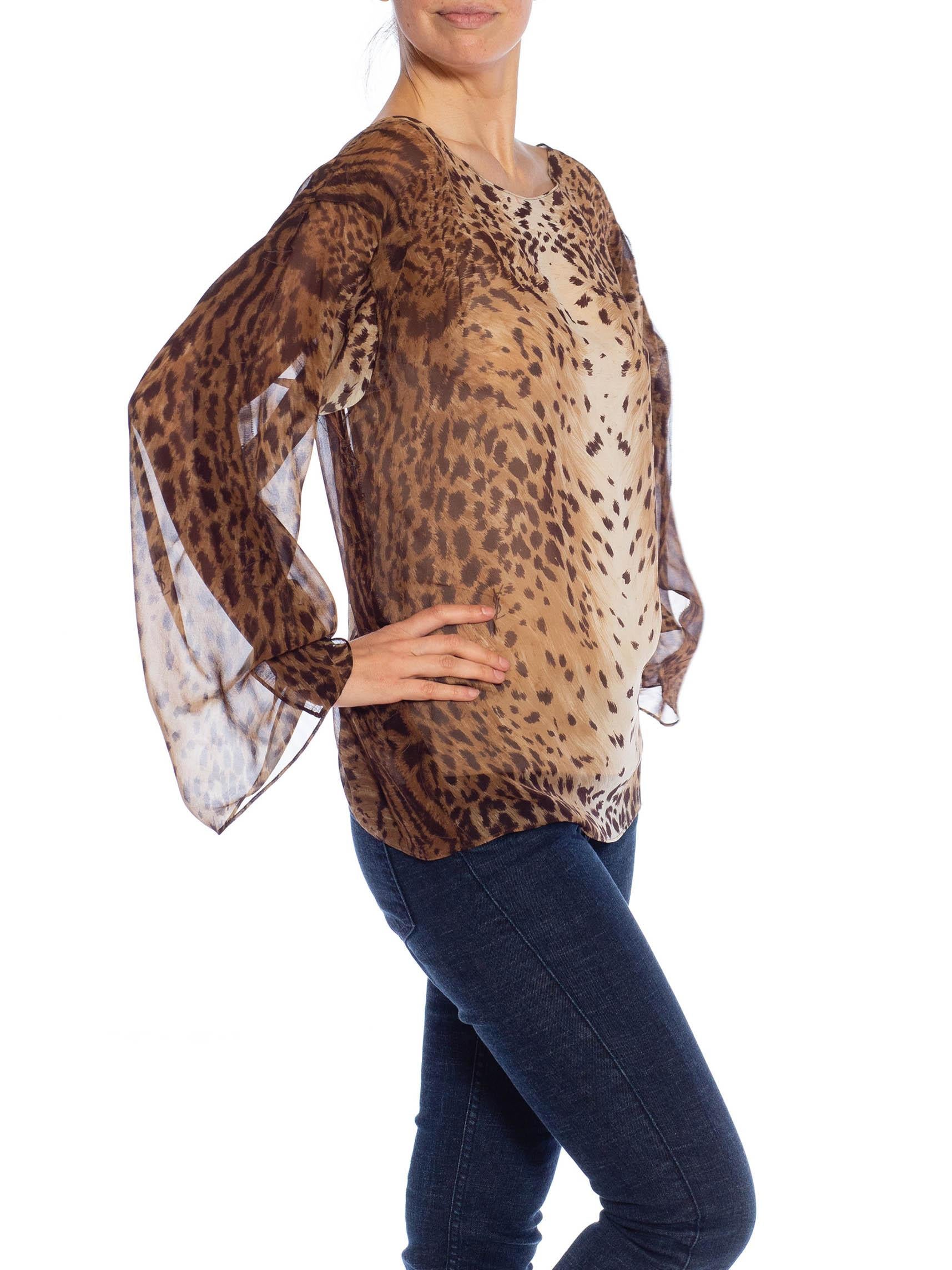 2000S YVES SAINT LAURENT Brown Animal Print Silk Chiffon Oversized Top In Excellent Condition For Sale In New York, NY