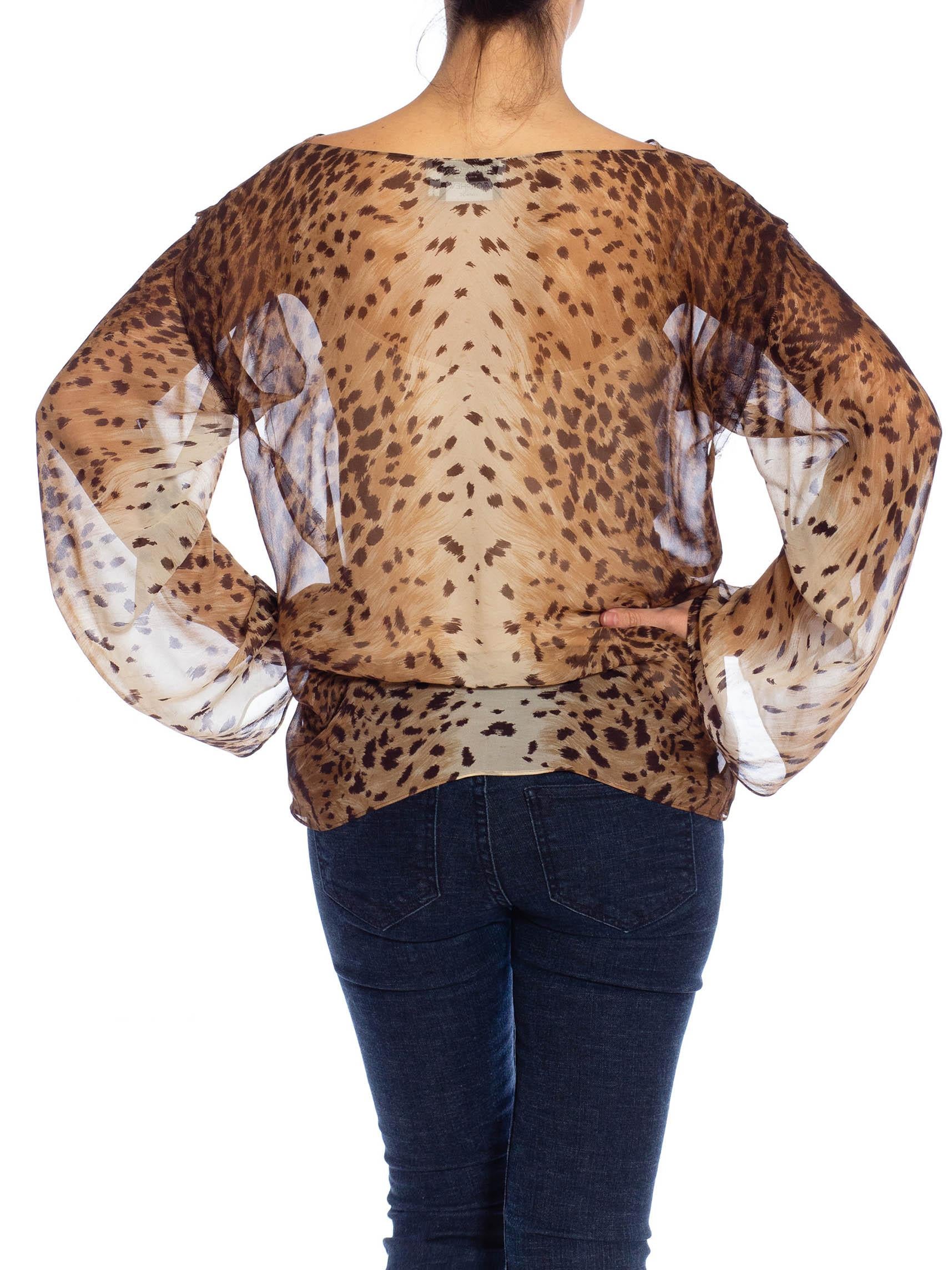 2000S YVES SAINT LAURENT Brown Animal Print Silk Chiffon Oversized Top For Sale 1